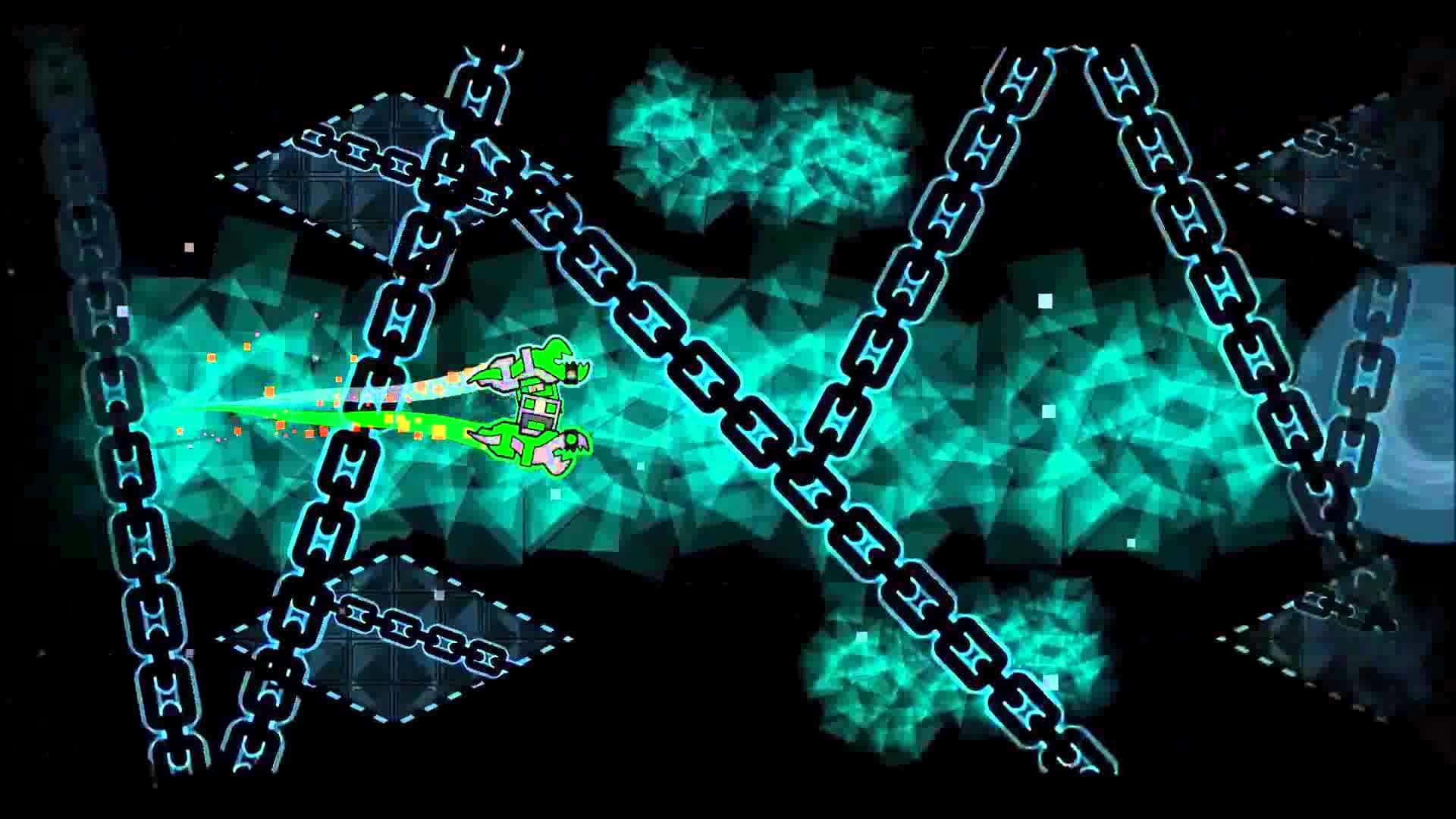 Geometry Dash, green pixelated character, glowing teal chains, Full HD Desktop Wallpaper