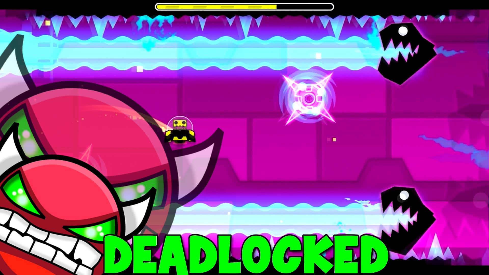 Geometry Dash, red devil character, black shark enemies, Full HD Desktop Wallpaper