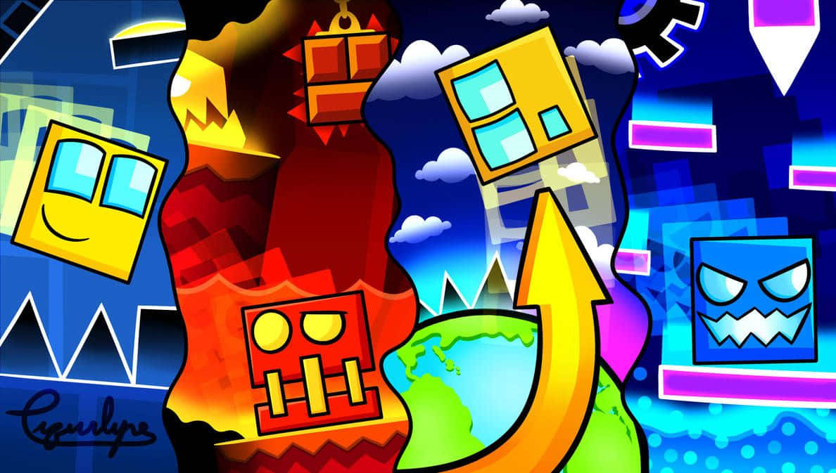 Geometry Dash, cartoonish blocky characters, neon clouds, SD Desktop Wallpaper