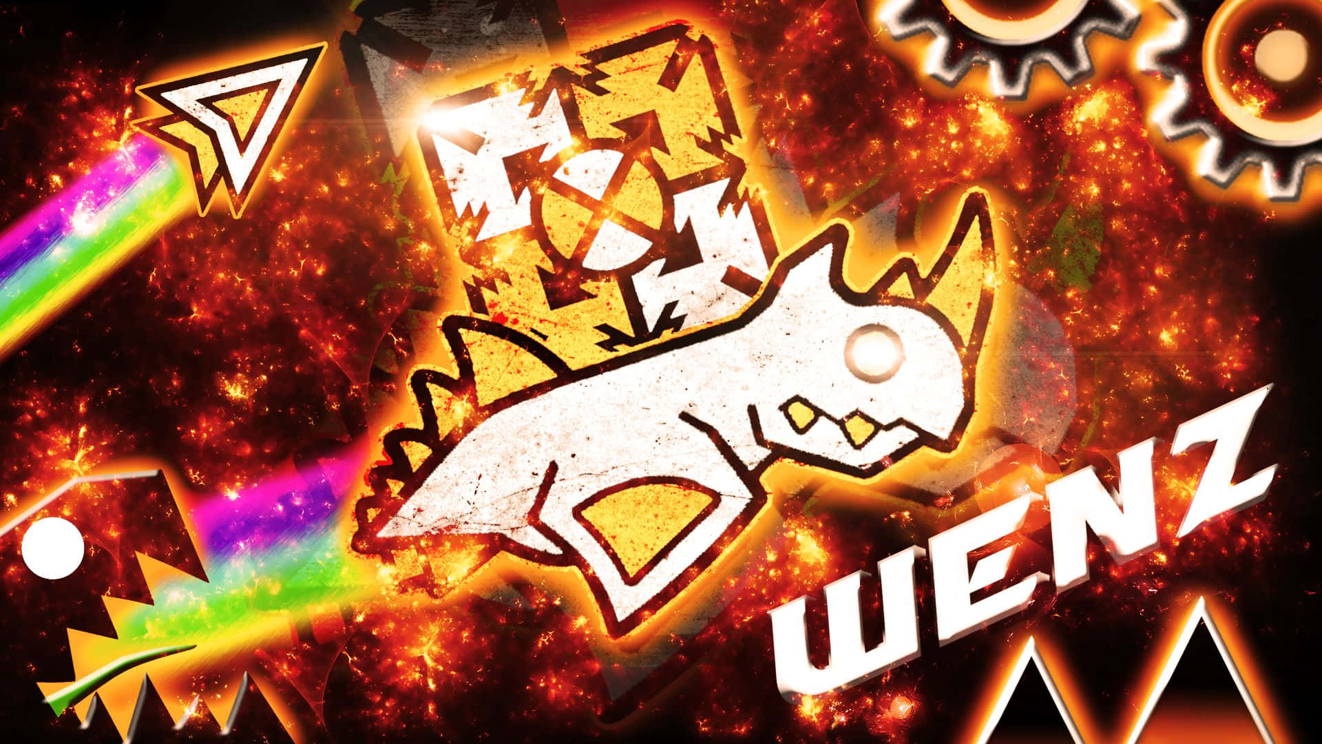 Geometry Dash, stylized white dinosaur, glowing eyes, Full HD Desktop Wallpaper