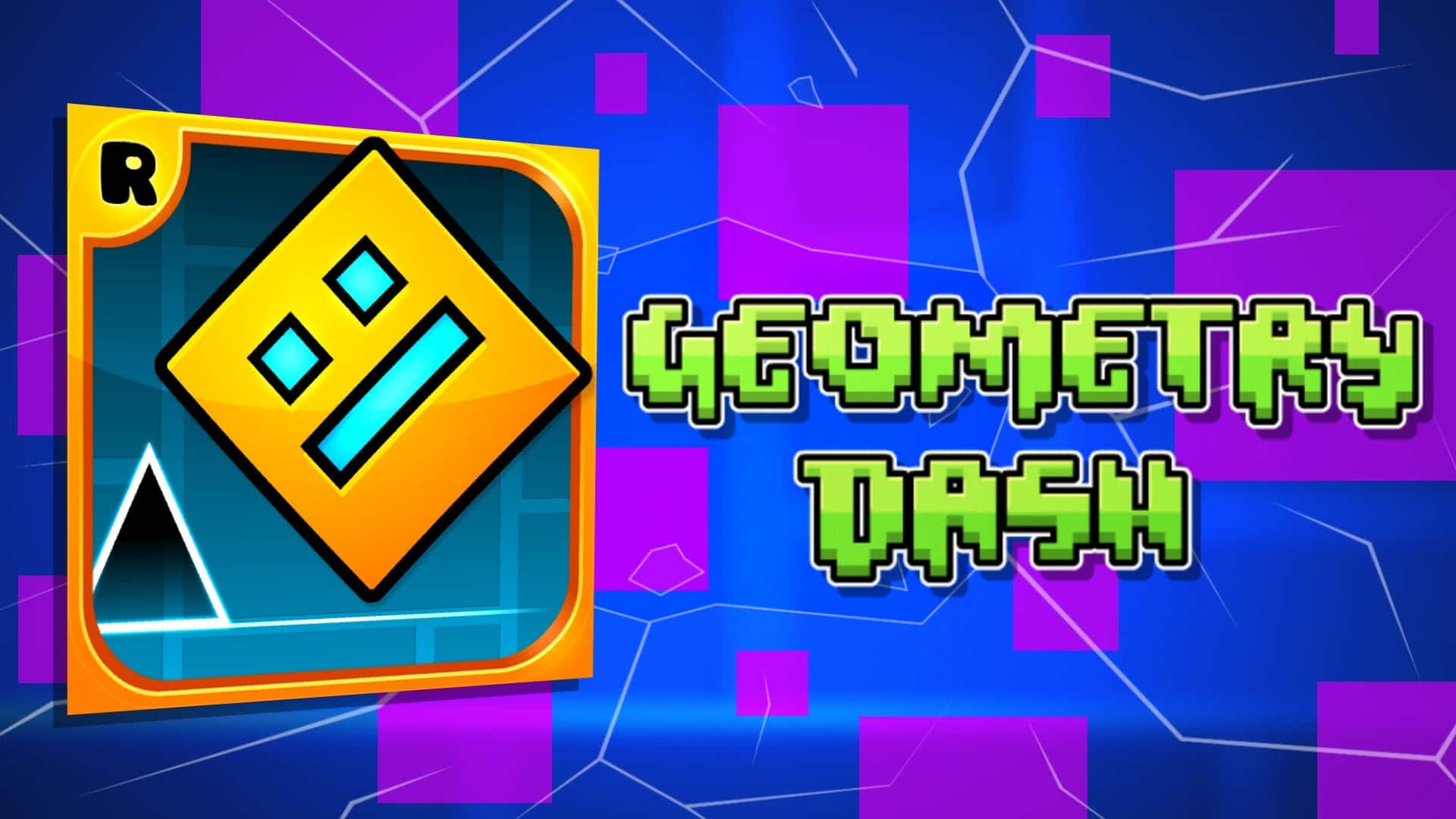 Geometry Dash, glowing green text, geometric shapes, Full HD Desktop Wallpaper
