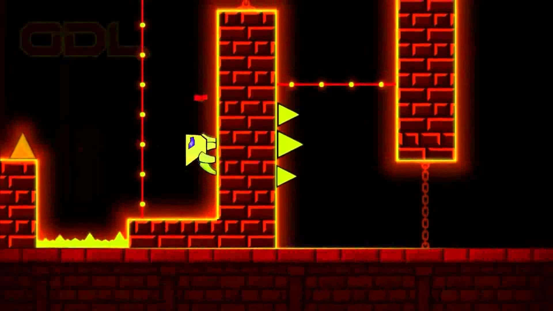 Geometry Dash, glowing red brick platforms, neon-lit, Full HD Desktop Wallpaper