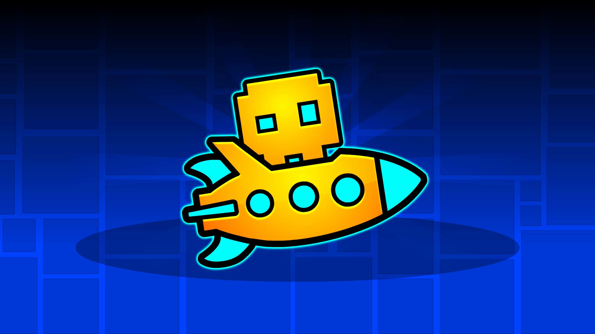 Geometry Dash, pixel-art robot pilot, glowing yellow spaceship, Full HD Desktop Wallpaper