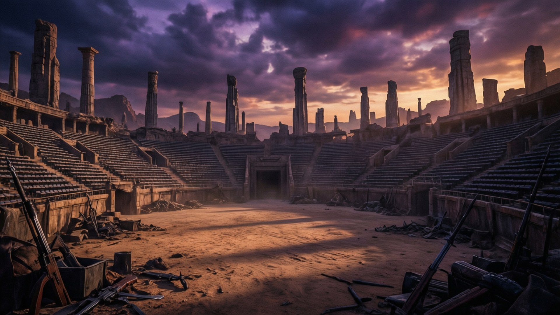 Geonosis, ancient stone amphitheater ruins, purple and orange sunset sky, Full HD Desktop Wallpaper