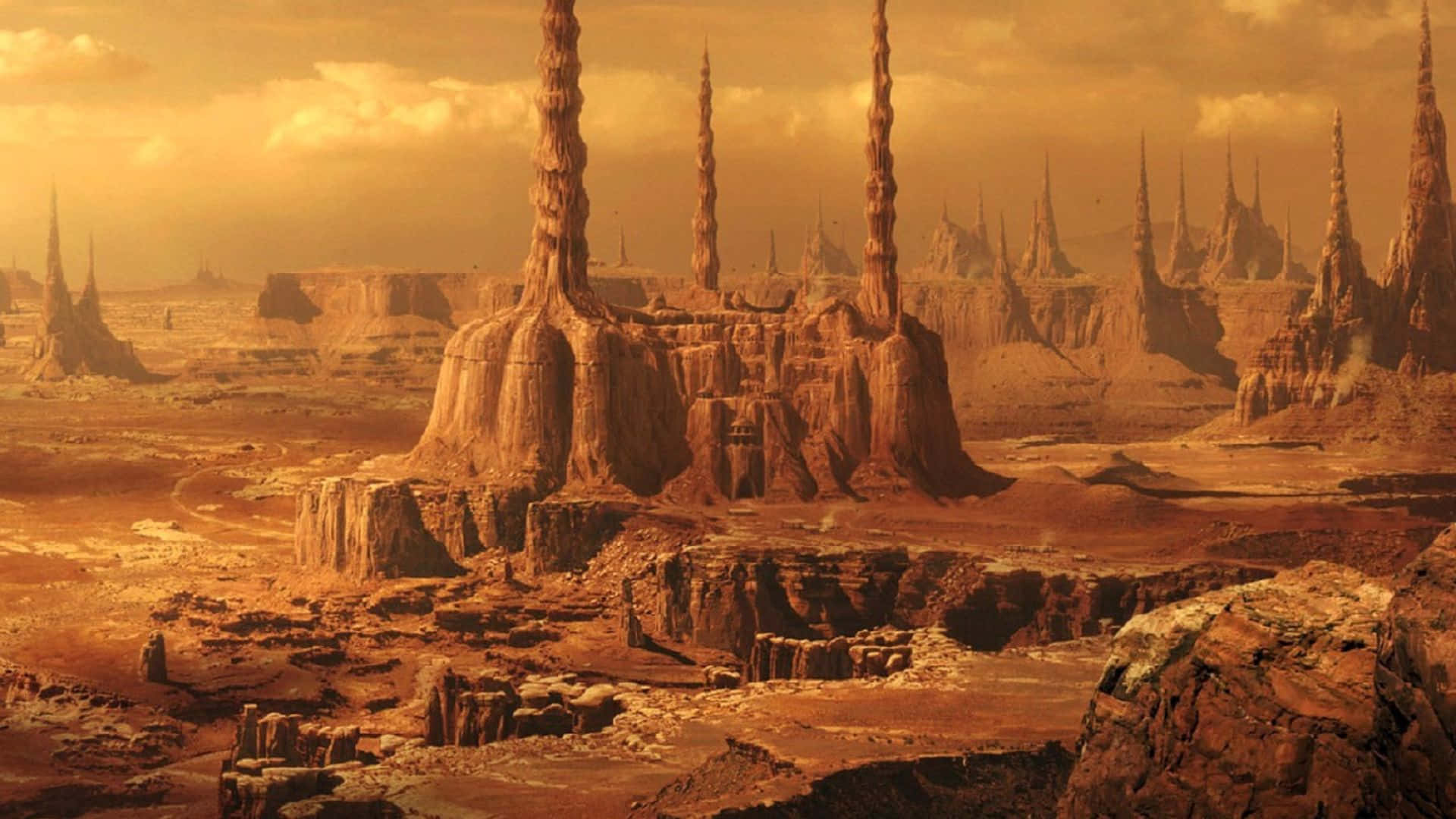 Geonosis, orange rock spires, hazy golden sky, Full HD Desktop Wallpaper