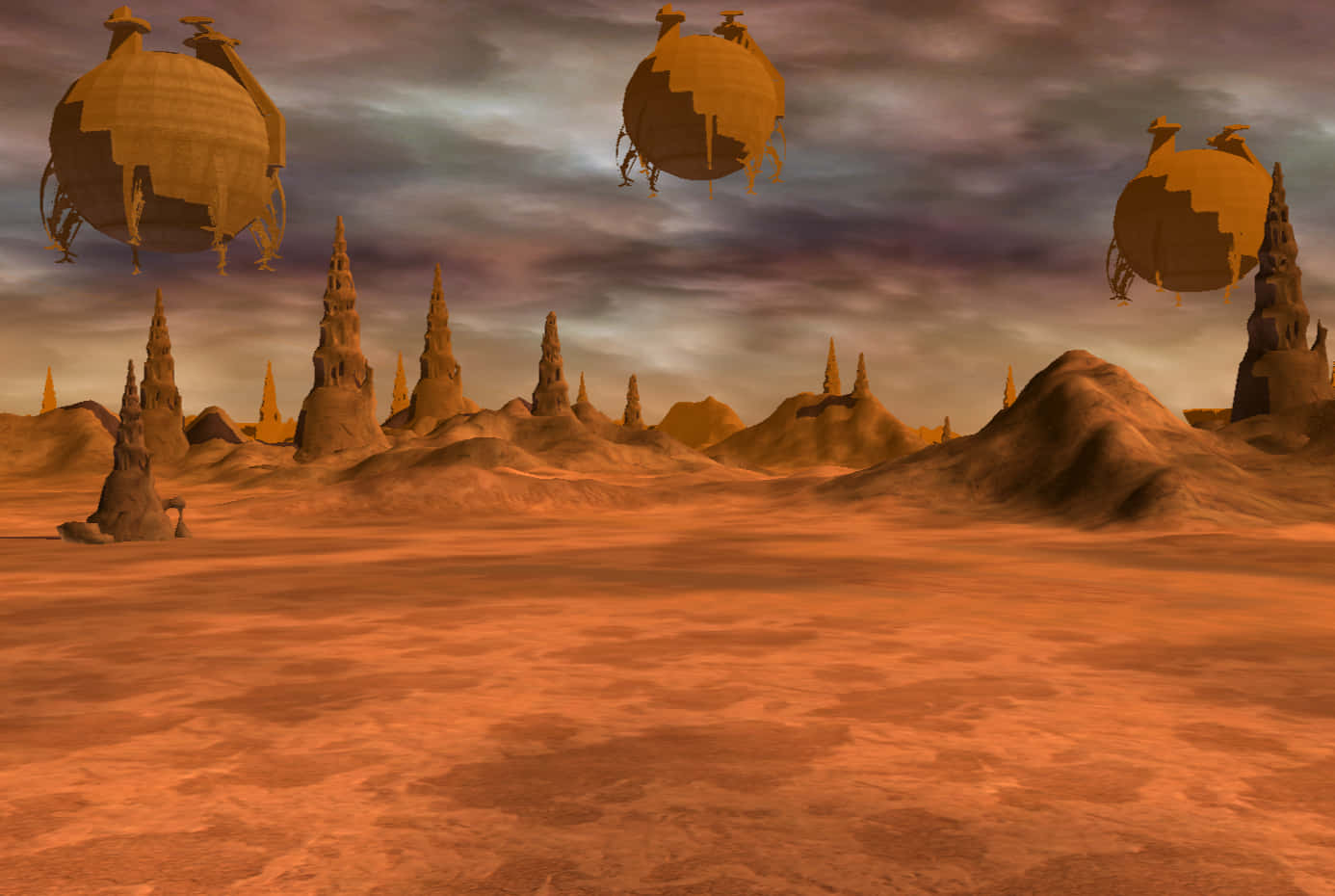Geonosis, surreal desert landscape, floating spherical structures, HD Desktop Wallpaper