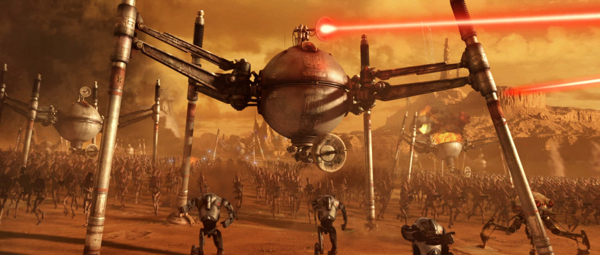 Geonosis, tripod droid, red laser blasts, Full HD Desktop Wallpaper