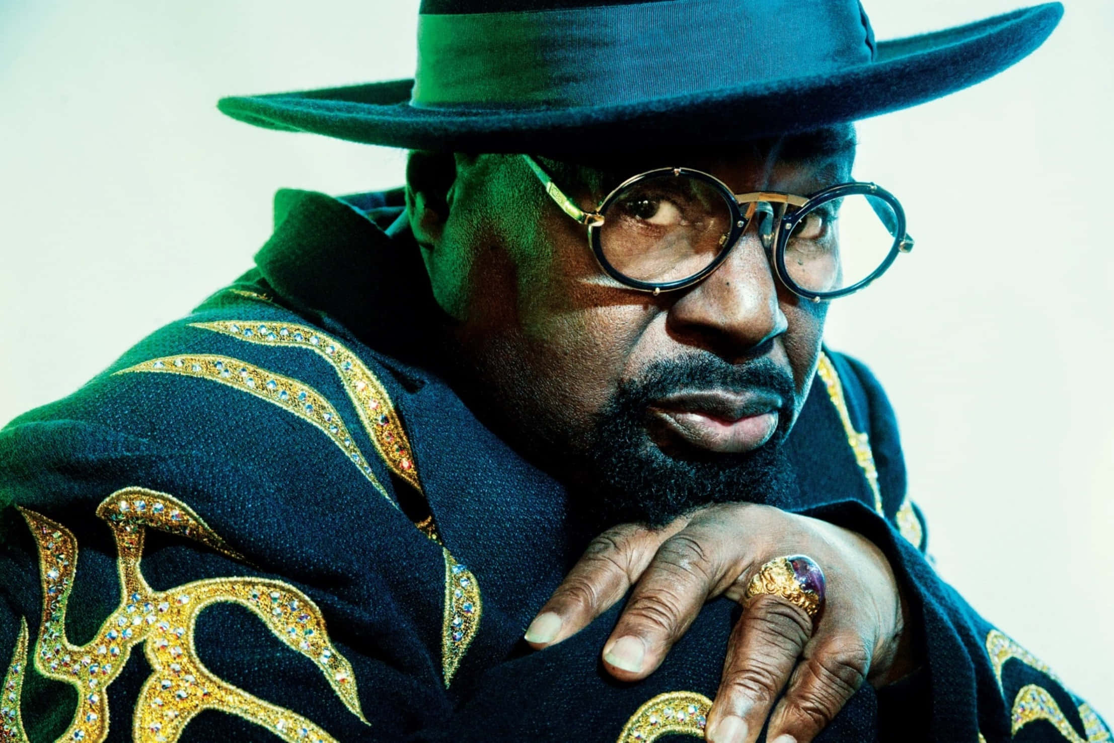 George Clinton, black hat, round glasses, Full HD Desktop Wallpaper