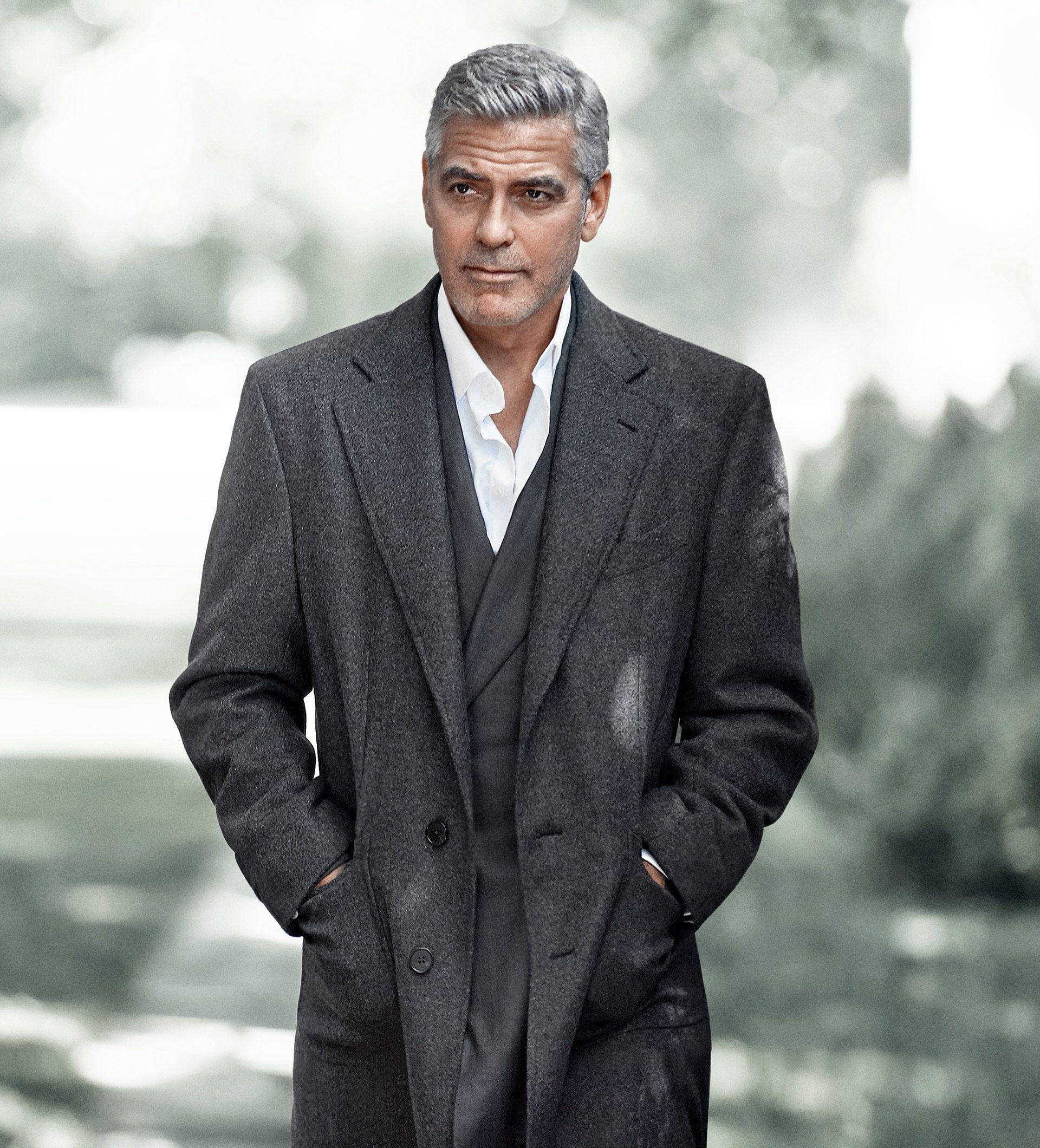 George Clooney, textured gray overcoat, hands in pockets, Full HD Phone Wallpaper