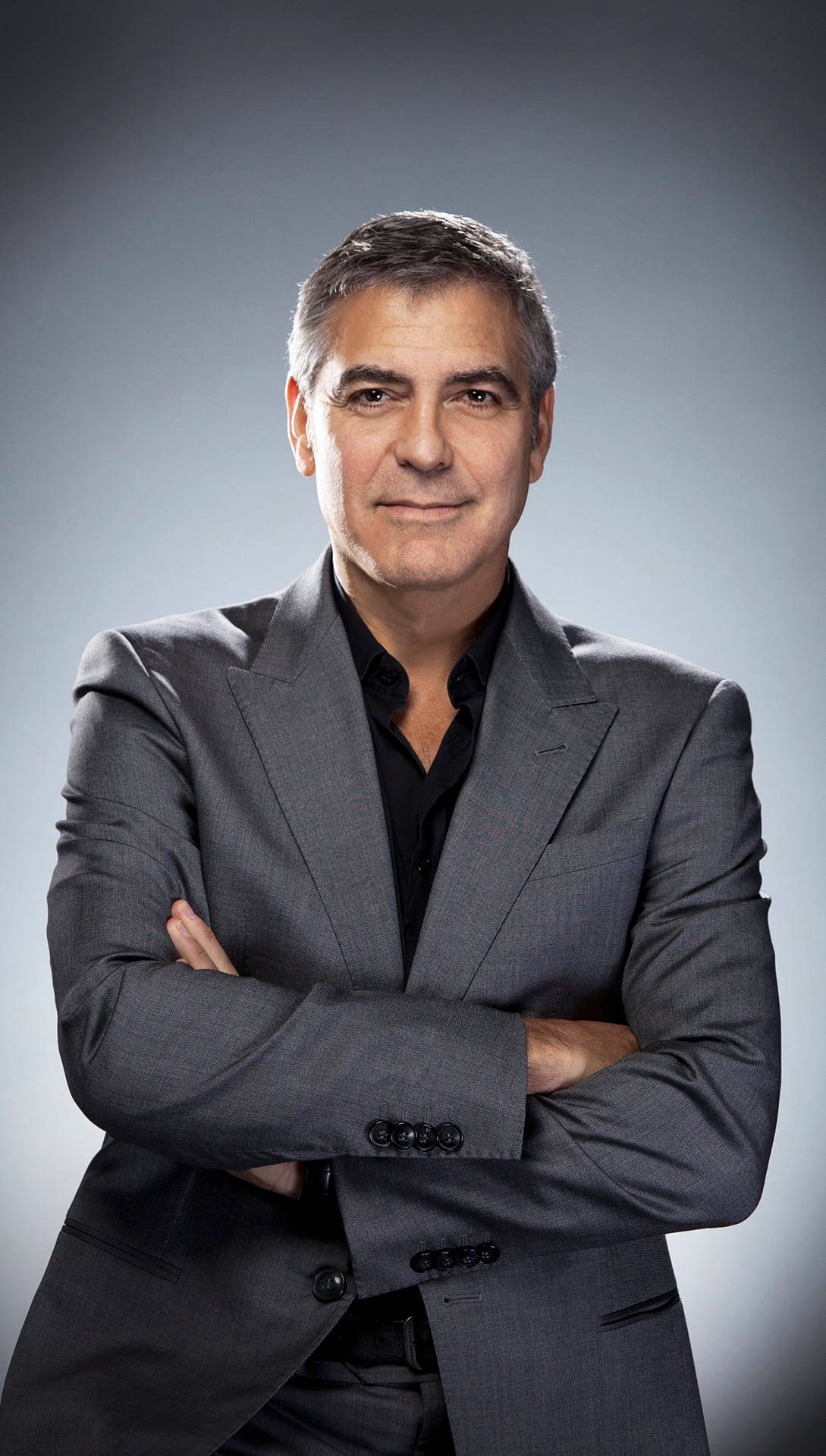 George Clooney, gray suit, gradient gray studio backdrop, Full HD Phone Wallpaper