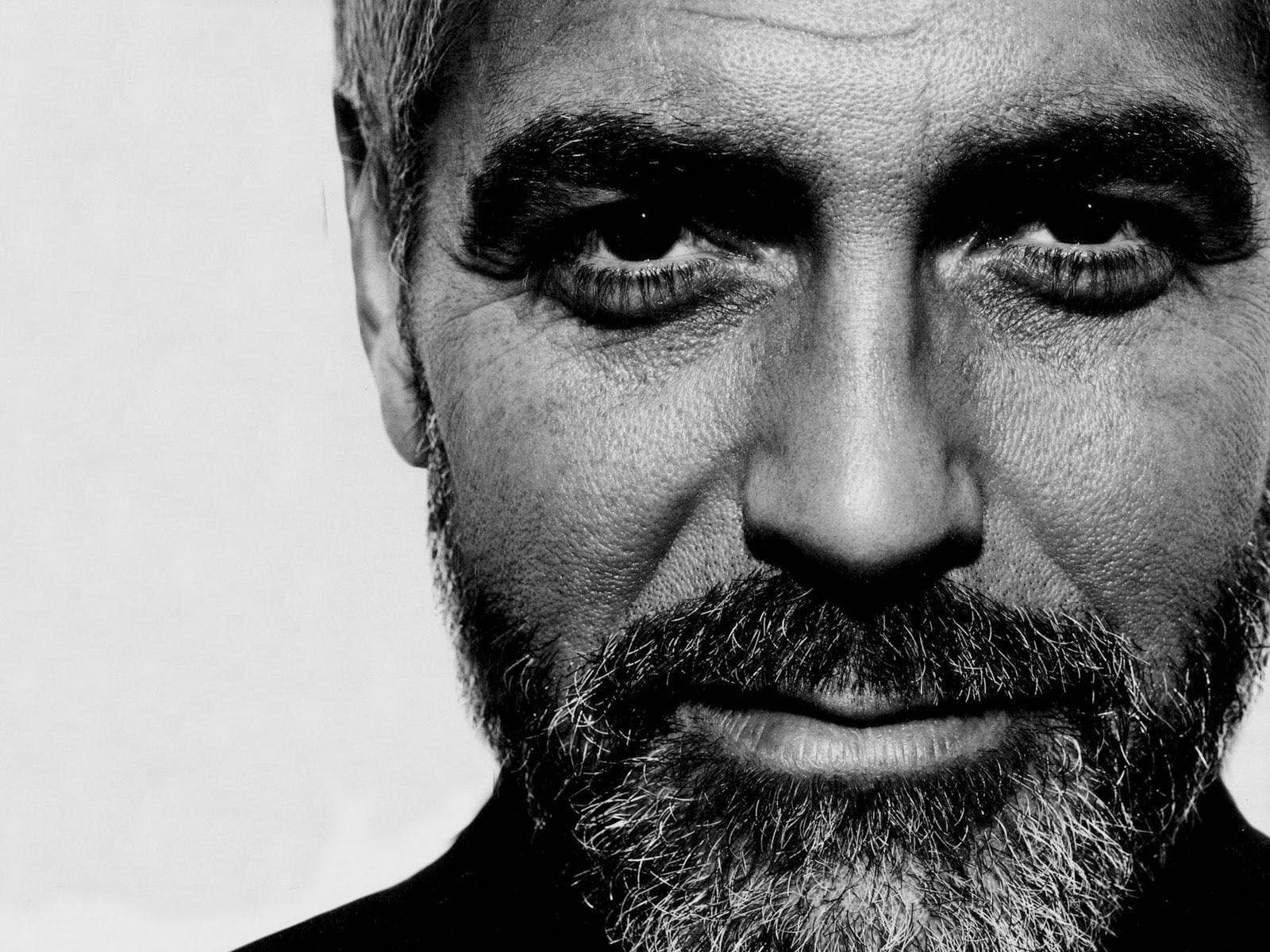 George Clooney, black and white portrait, graying beard, HD Desktop Wallpaper