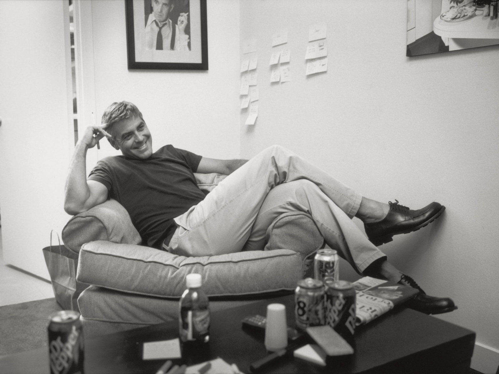 George Clooney, black and white, sofa, HD Desktop Wallpaper