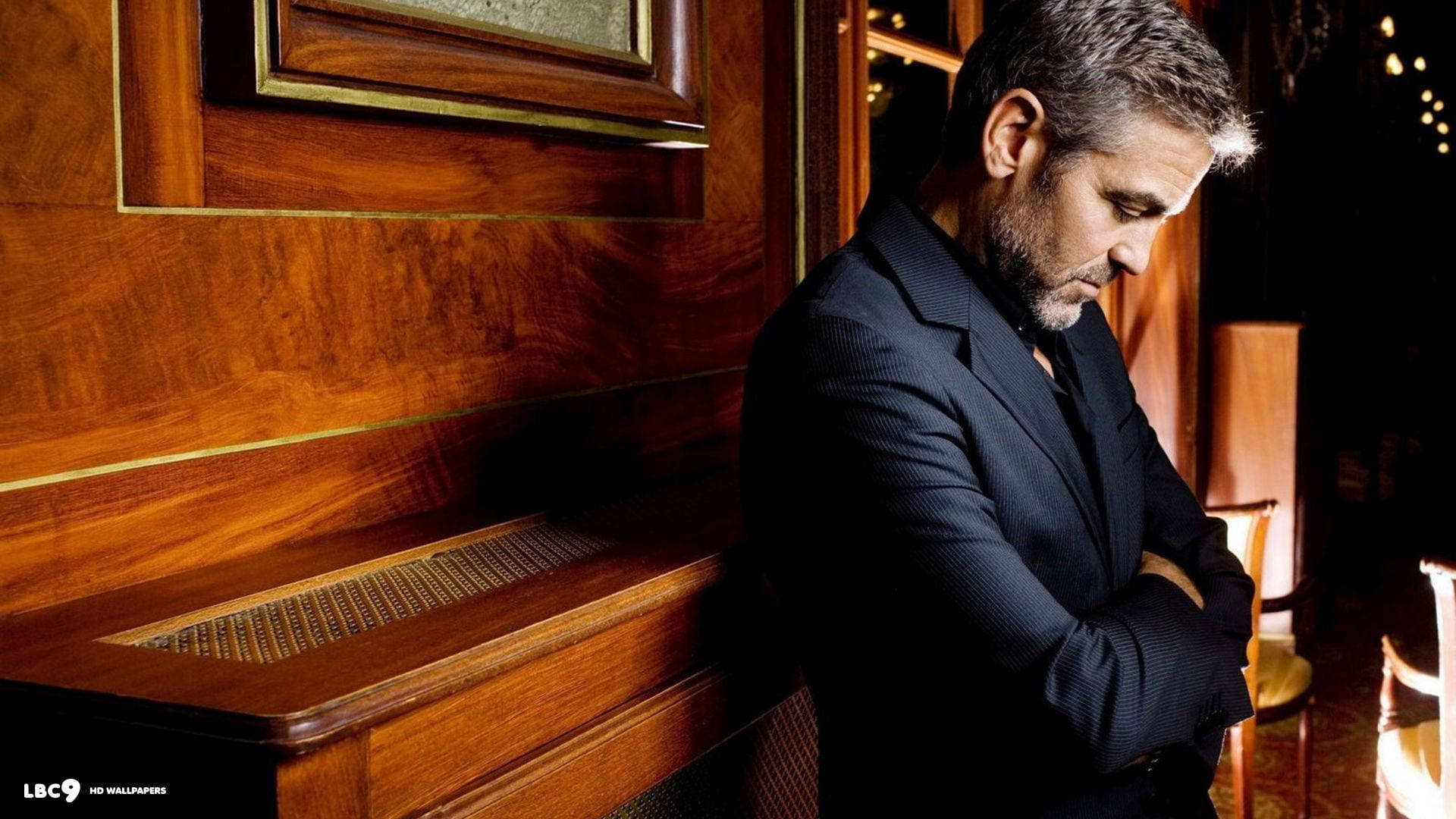 George Clooney, dark suit, rich wooden paneling, Full HD Desktop Wallpaper