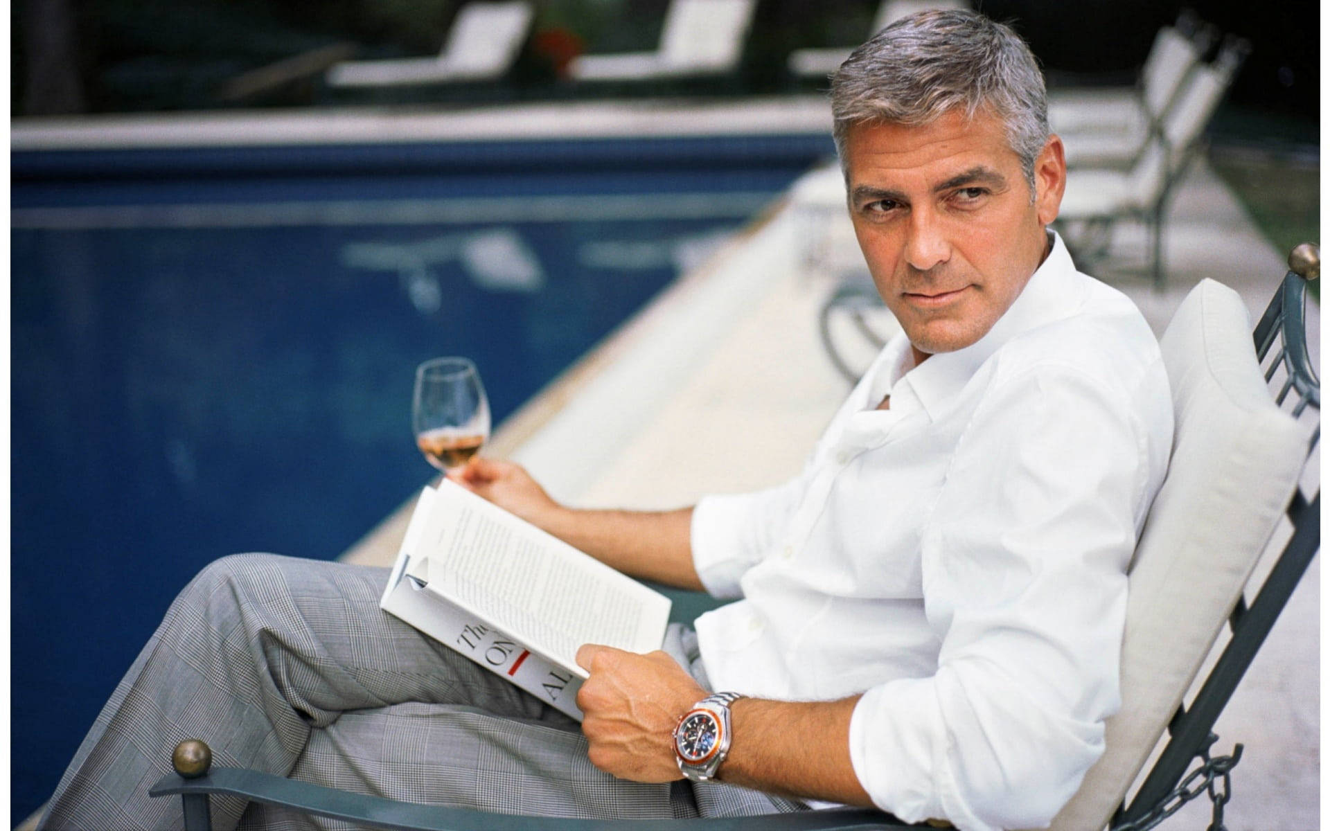 George Clooney, pool, wine glass, Full HD Desktop Wallpaper