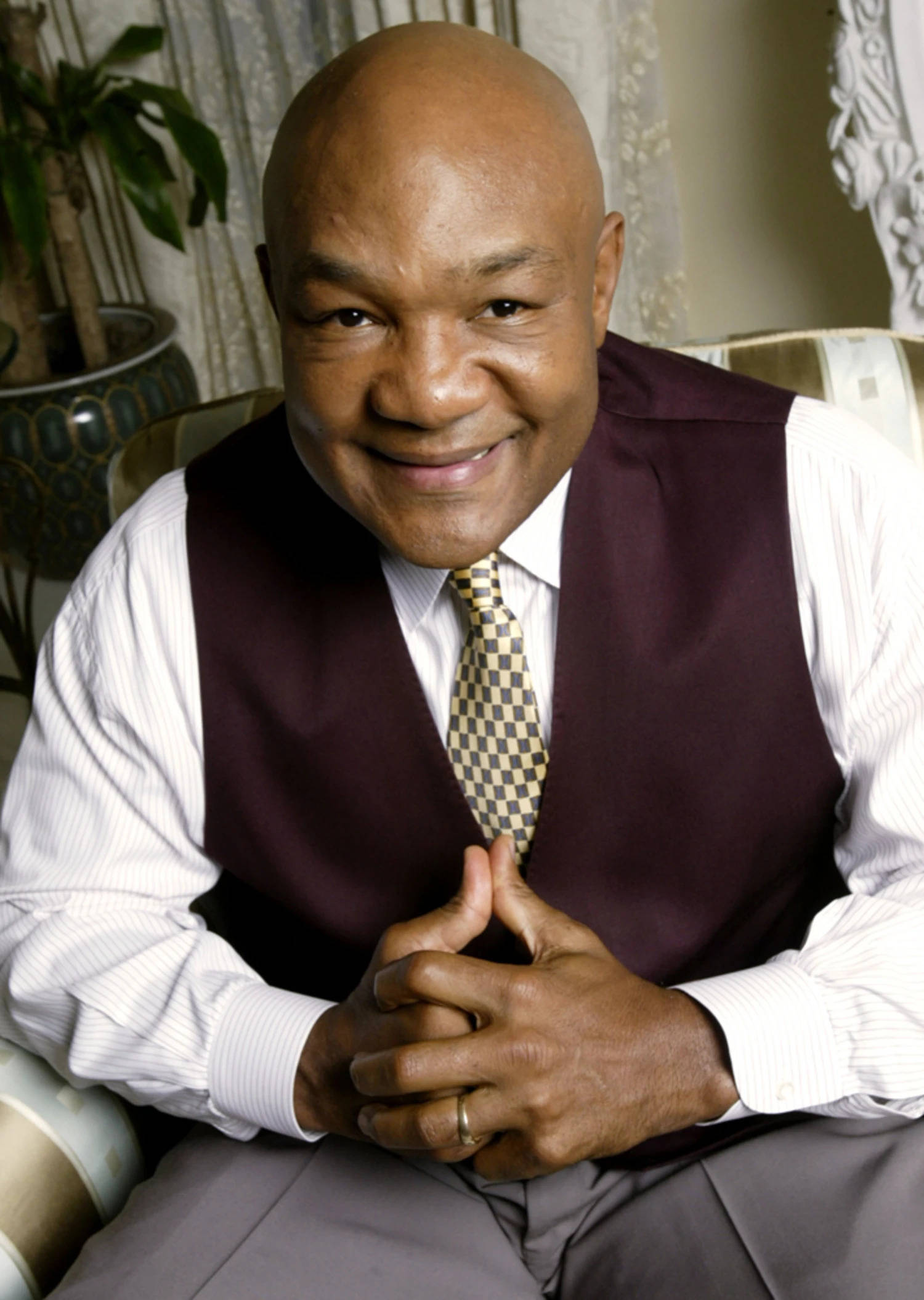 George Foreman, maroon vest, checkered tie, Full HD Phone Wallpaper
