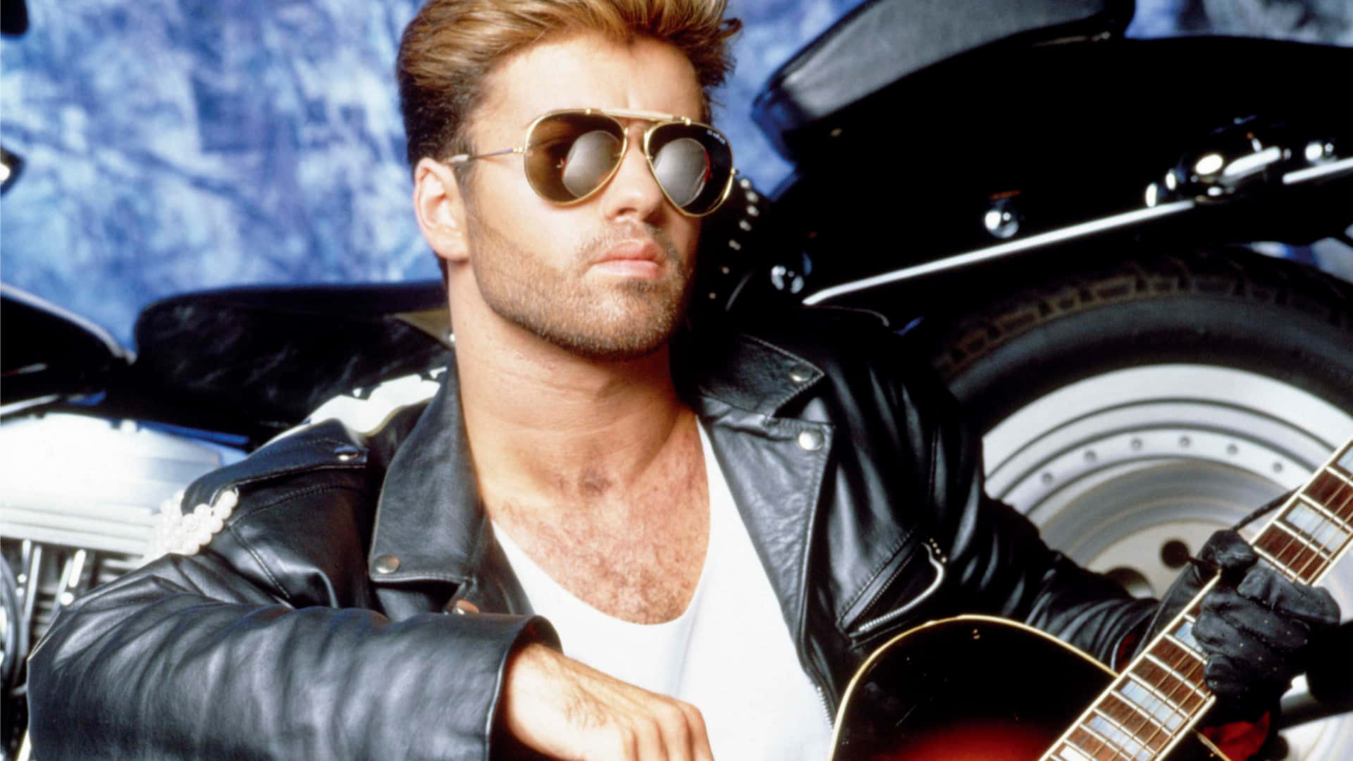 George Michael, aviator sunglasses, leather jacket, Full HD Desktop Wallpaper