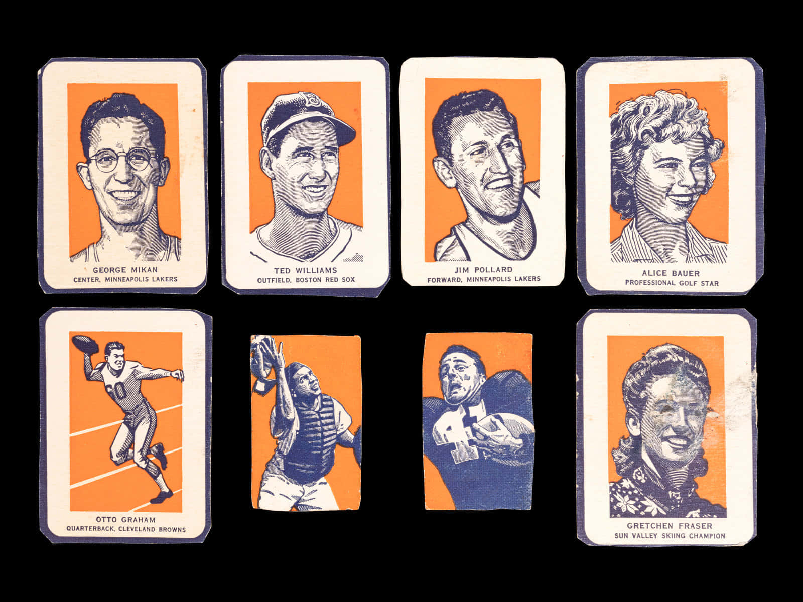 George Mikan, basketball card collection, orange background, HD Desktop Wallpaper
