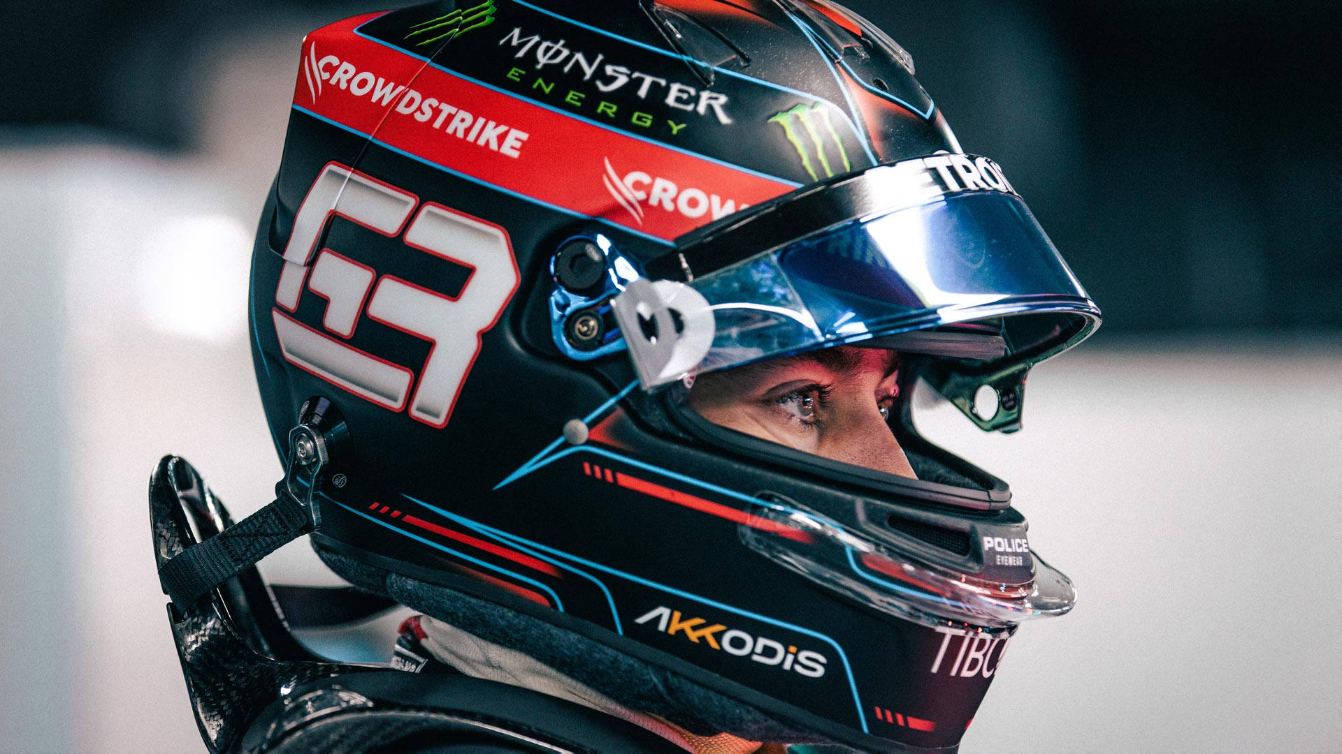 George Russell, black helmet, red and blue accents, Full HD Desktop Wallpaper