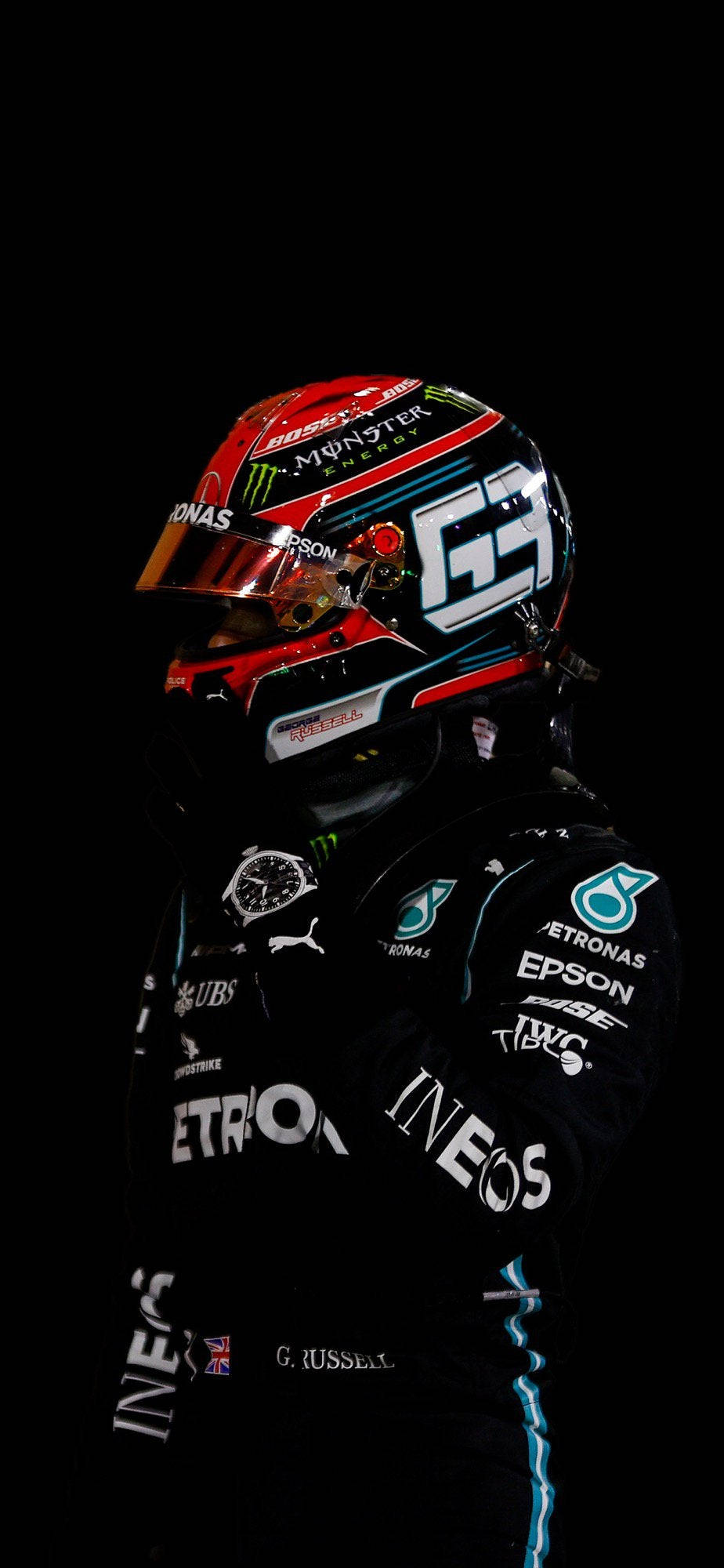 George Russell, black racing suit, red helmet, Full HD Phone Wallpaper