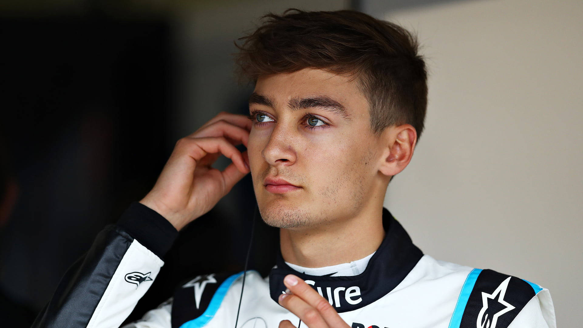 George Russell, white and blue racing suit, earpiece, Full HD Desktop Wallpaper