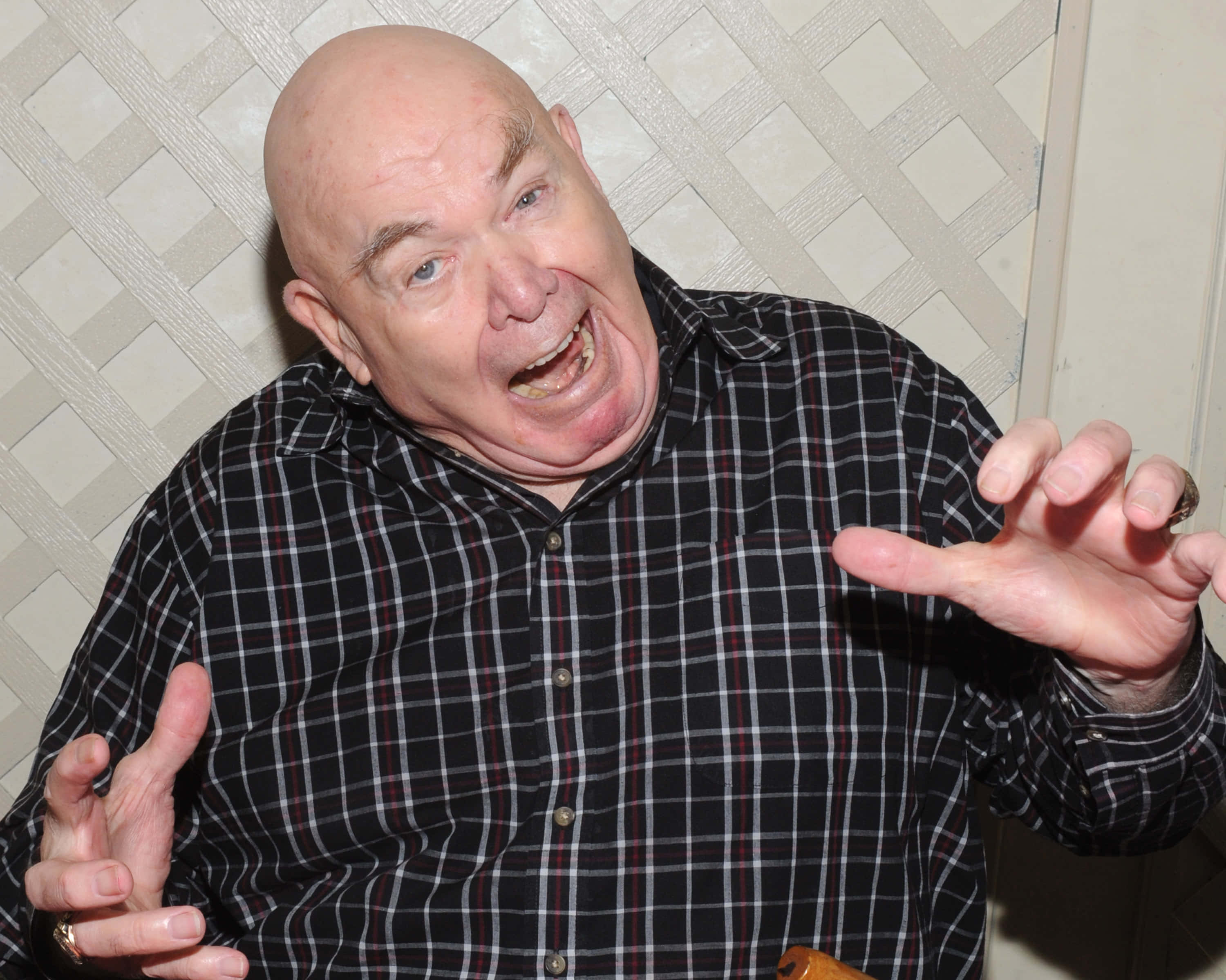 George Steele, plaid shirt, lattice wall, 2K Desktop Wallpaper