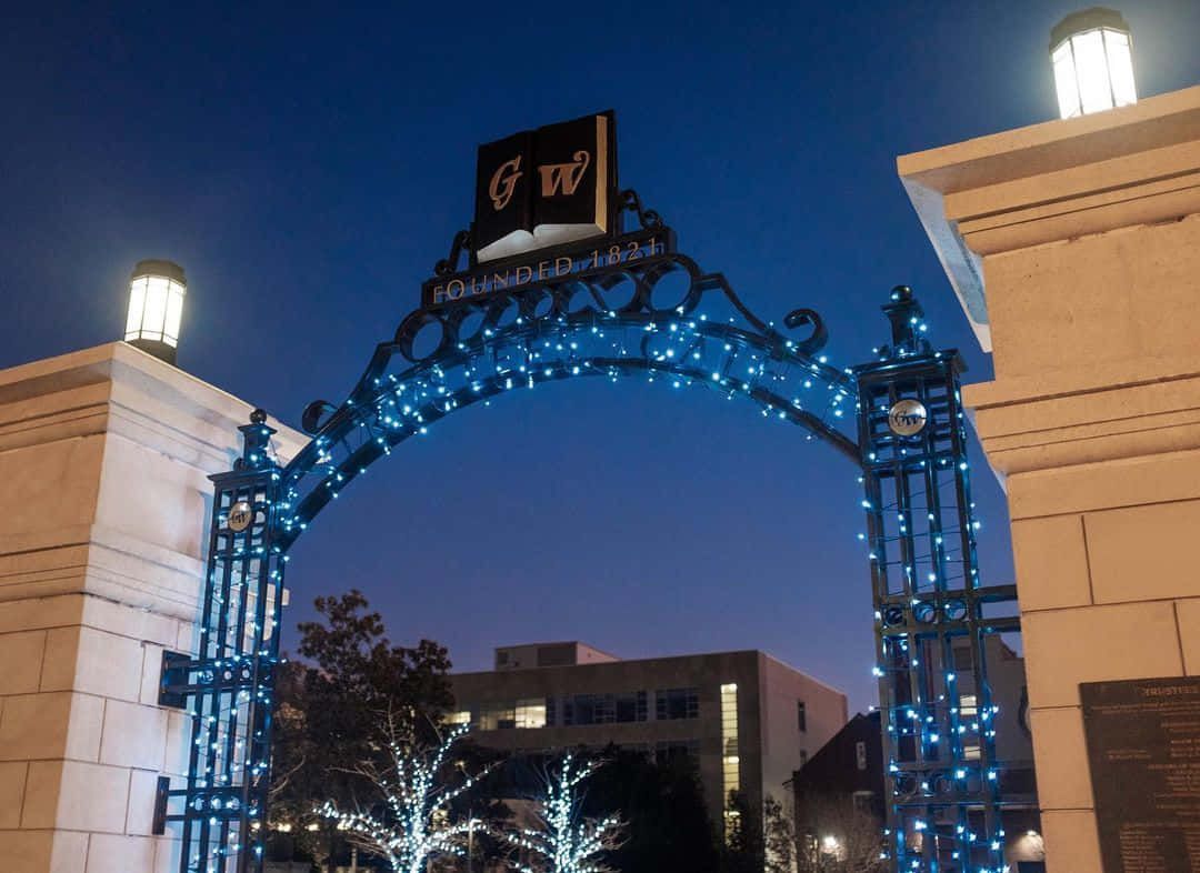George Washington University, iron archway, blue lights, SD Desktop Wallpaper