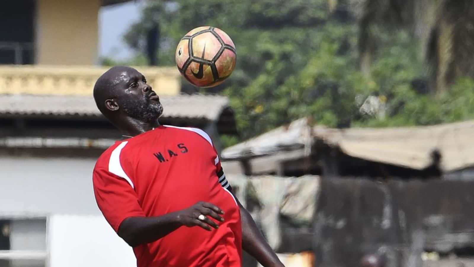George Weah, red shirt, soccer ball, HD Desktop Wallpaper