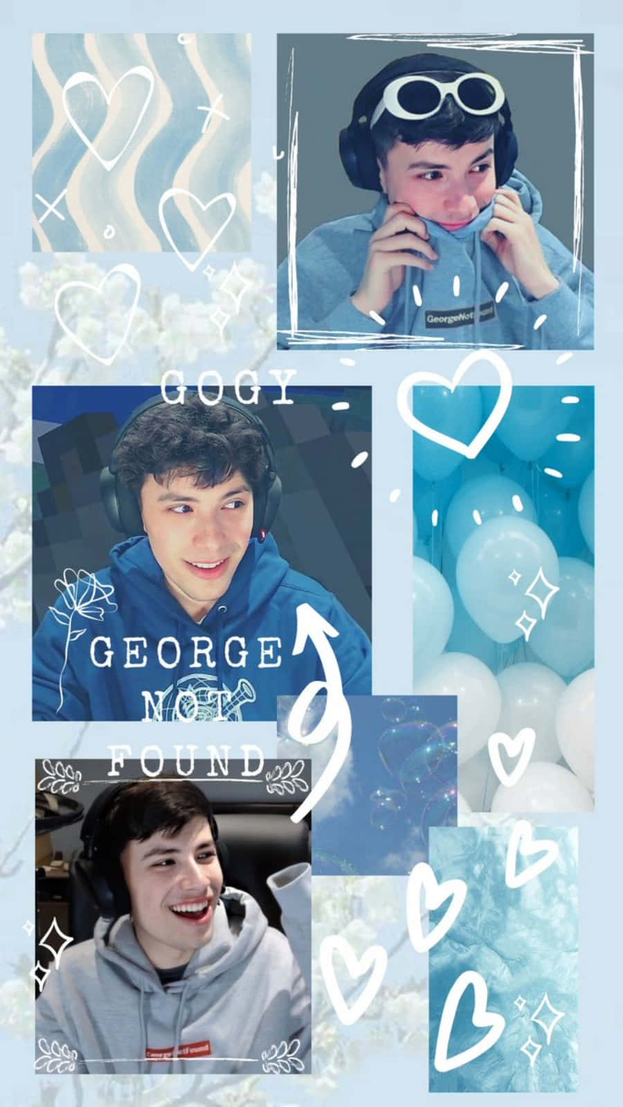 GeorgeNotFound, blue balloons, white heart doodles, HD Phone Wallpaper