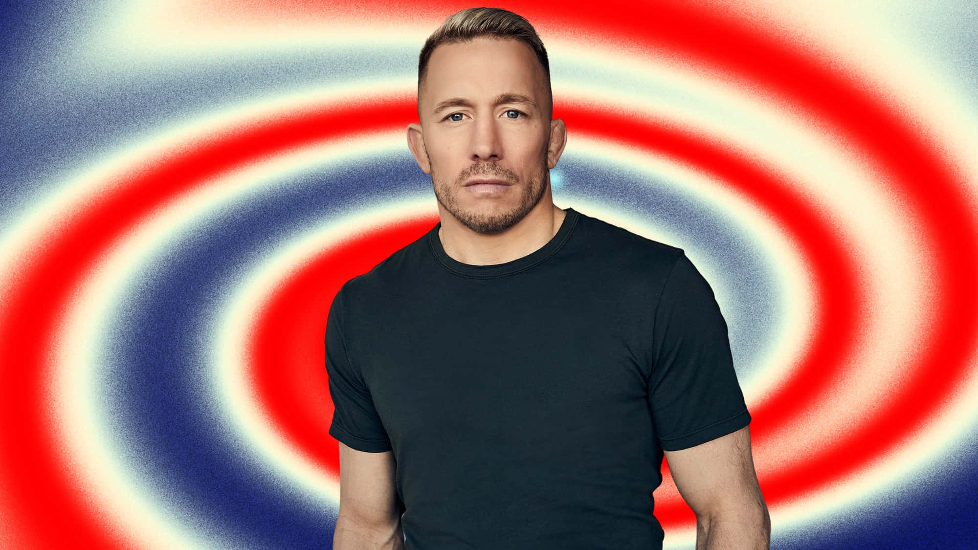 Georges St-Pierre, black t-shirt, vibrant red blue and white swirling abstract background, Full HD Desktop Wallpaper