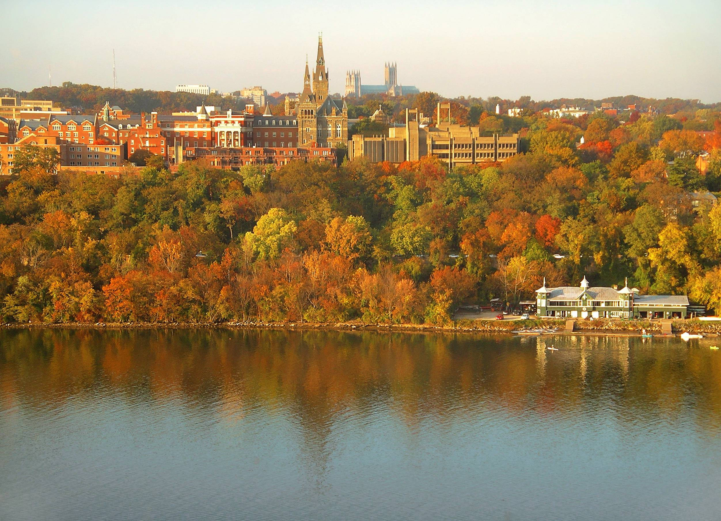 Georgetown University, autumn foliage, riverside campus, Full HD Desktop Wallpaper
