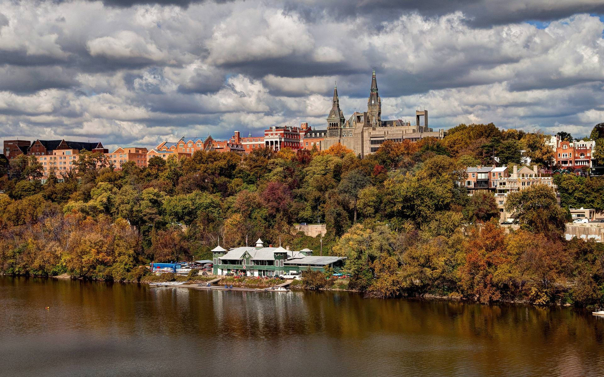Georgetown University, Green Lake, autumn foliage, Full HD Desktop Wallpaper