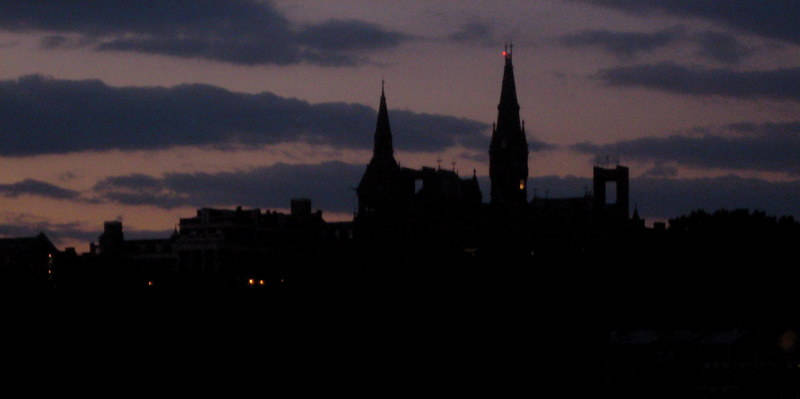 Georgetown University, Gothic cathedral spires, dusky purple and orange twilight sky, SD Desktop Wallpaper