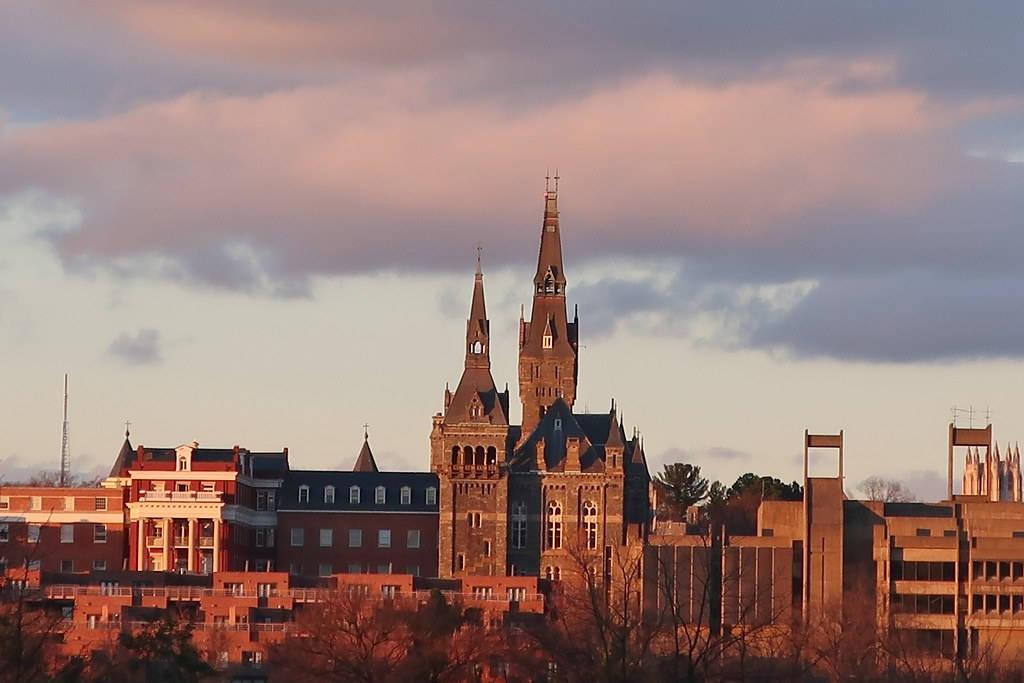 Georgetown University, pink clouds, gothic cathedral, SD Desktop Wallpaper