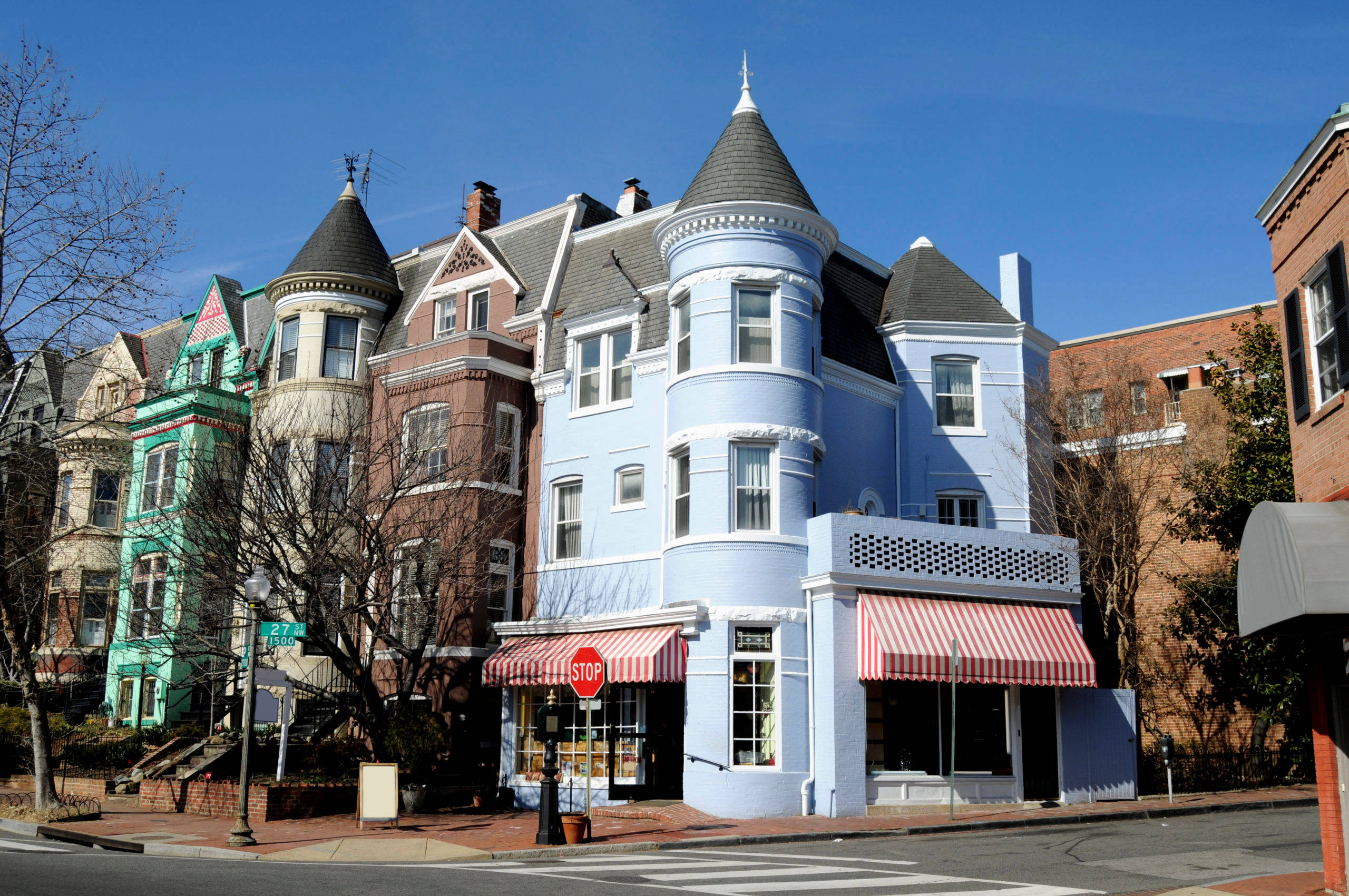 Georgetown, blue house, Victorian row houses, 2K Desktop Wallpaper