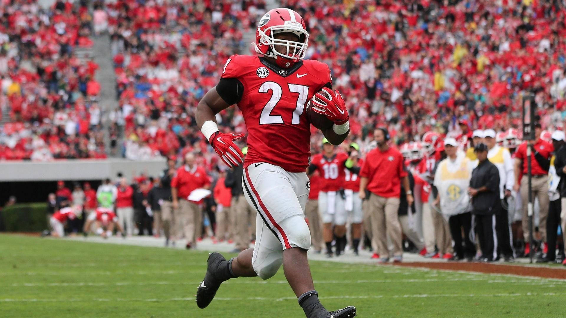 Georgia Bulldogs, red jersey number 27, green field, Full HD Desktop Wallpaper