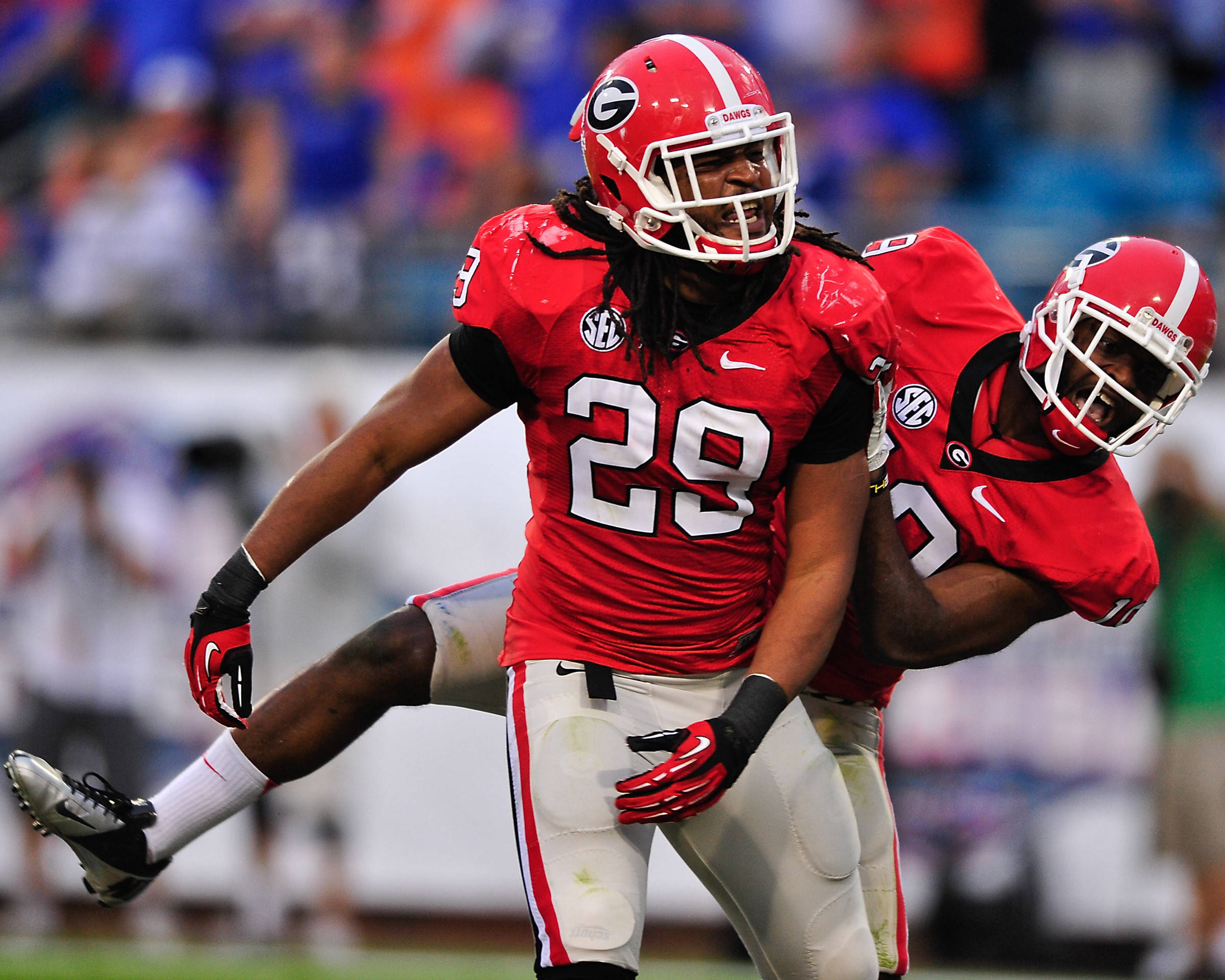 Georgia Bulldogs, red uniforms, stadium field, Full HD Desktop Wallpaper