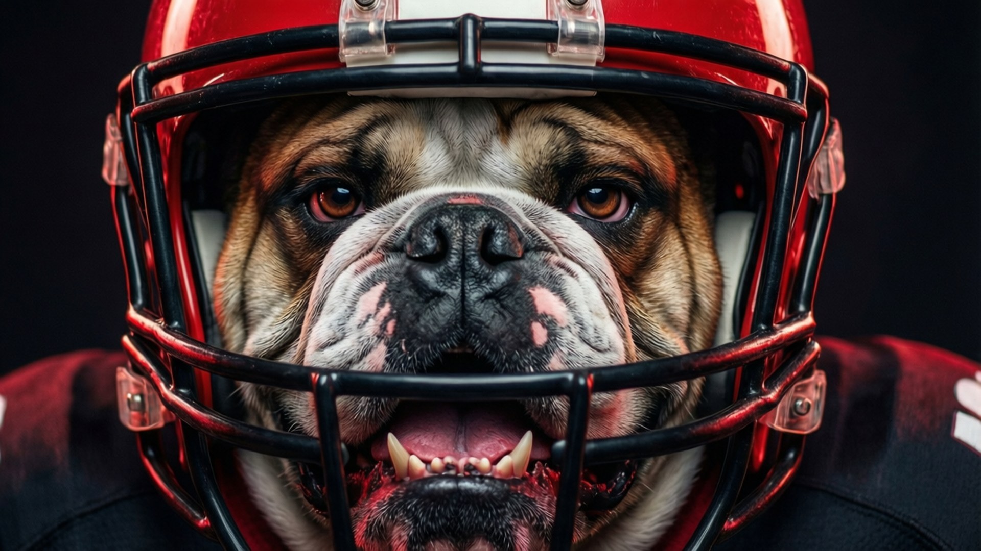 fierce bulldog helmet, red football helmet, black faceguard, Full HD Desktop Wallpaper