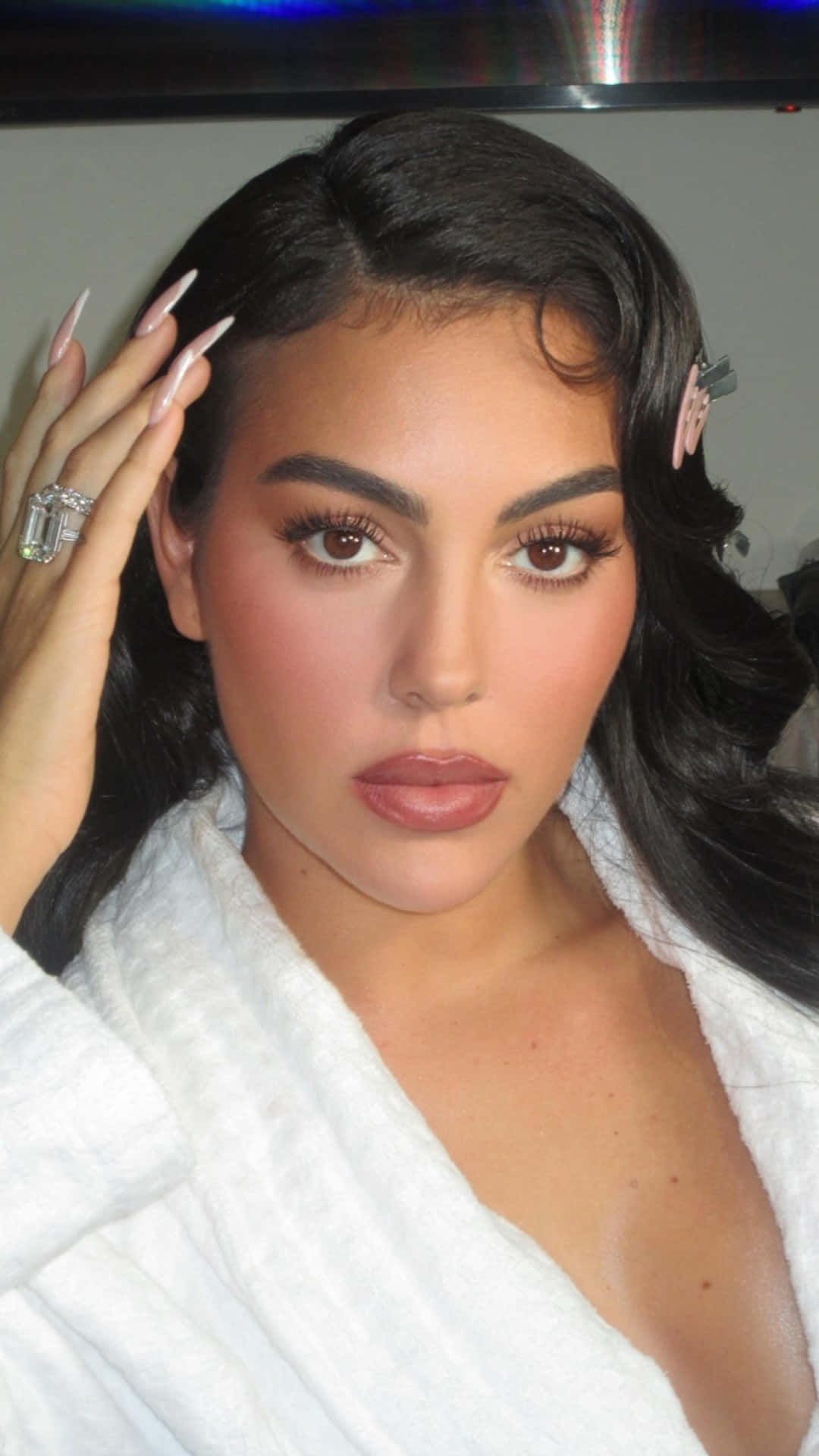 Georgina Rodríguez, white robe, dark hair, Full HD Phone Wallpaper