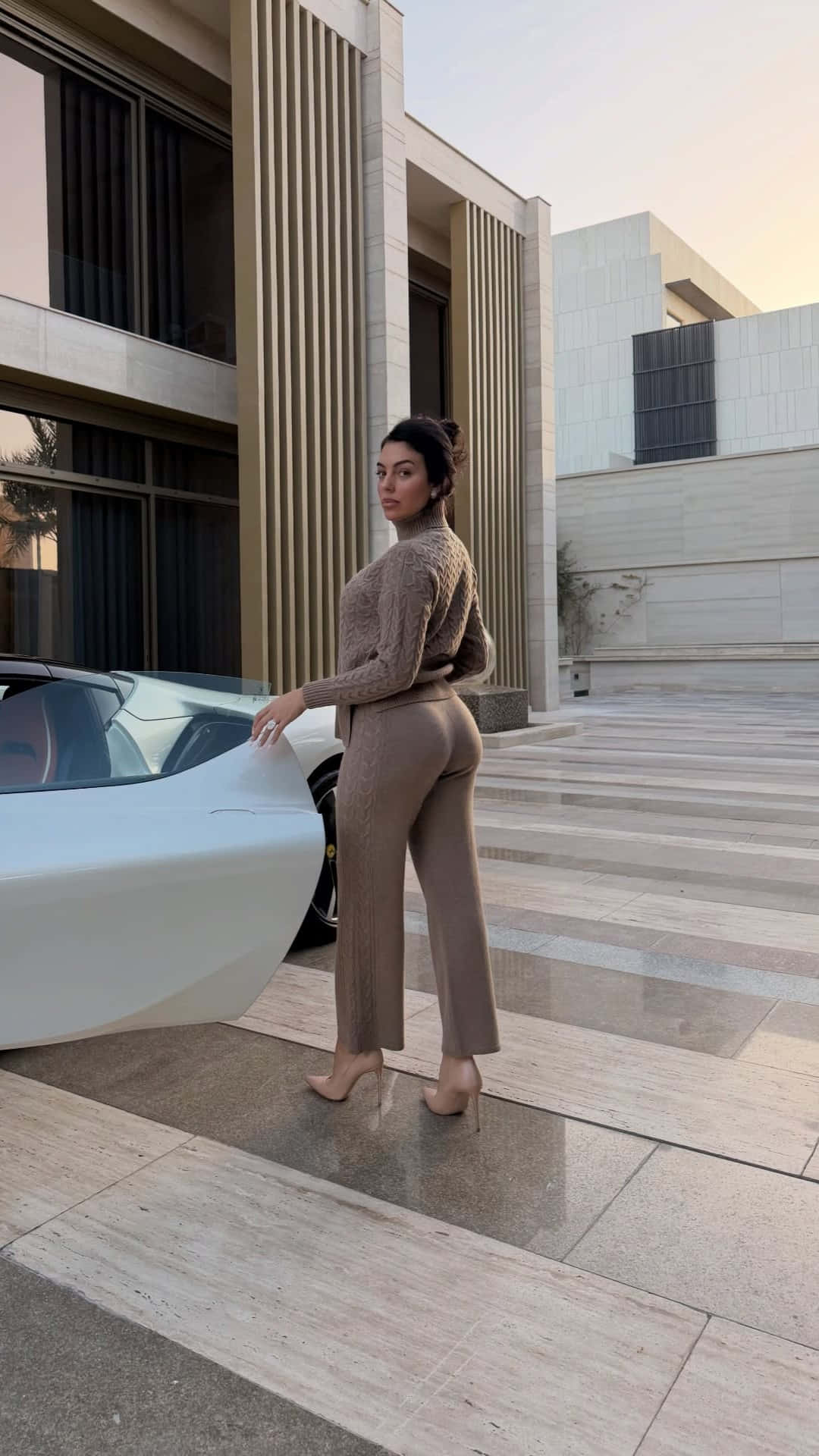 Georgina Rodríguez, beige knit outfit, white sports car, Full HD Phone Wallpaper