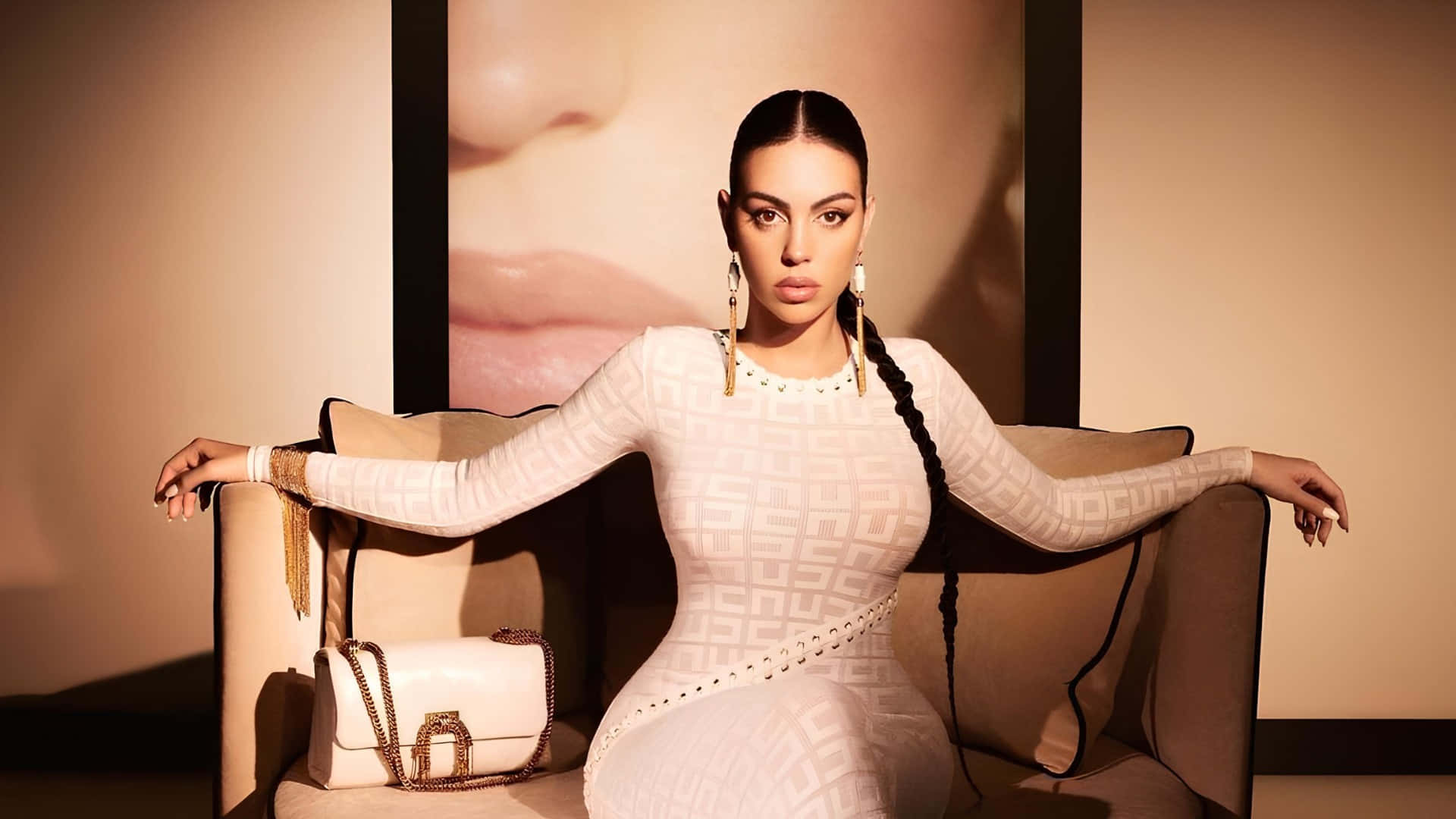 Georgina Rodríguez, white patterned dress, beige chair, Full HD Desktop Wallpaper
