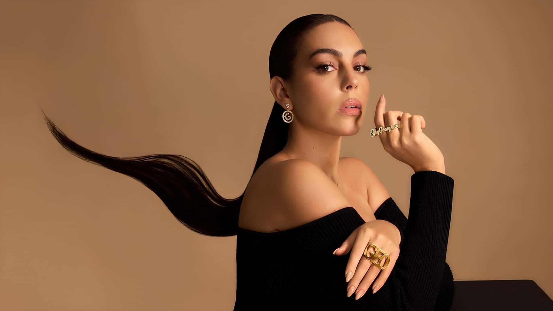 Georgina Rodríguez, black off-shoulder top, gold jewelry, Full HD Desktop Wallpaper