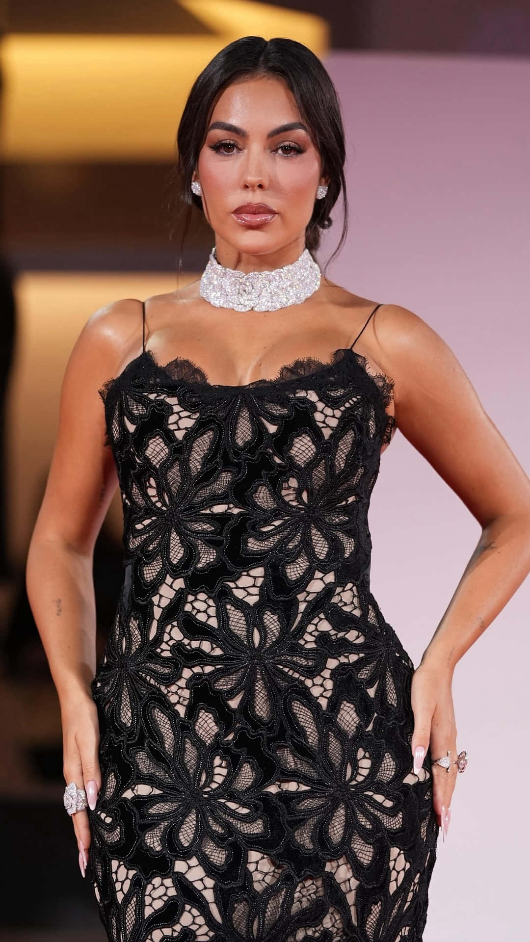 Georgina Rodríguez, black floral lace dress, sparkling choker, Full HD Phone Wallpaper