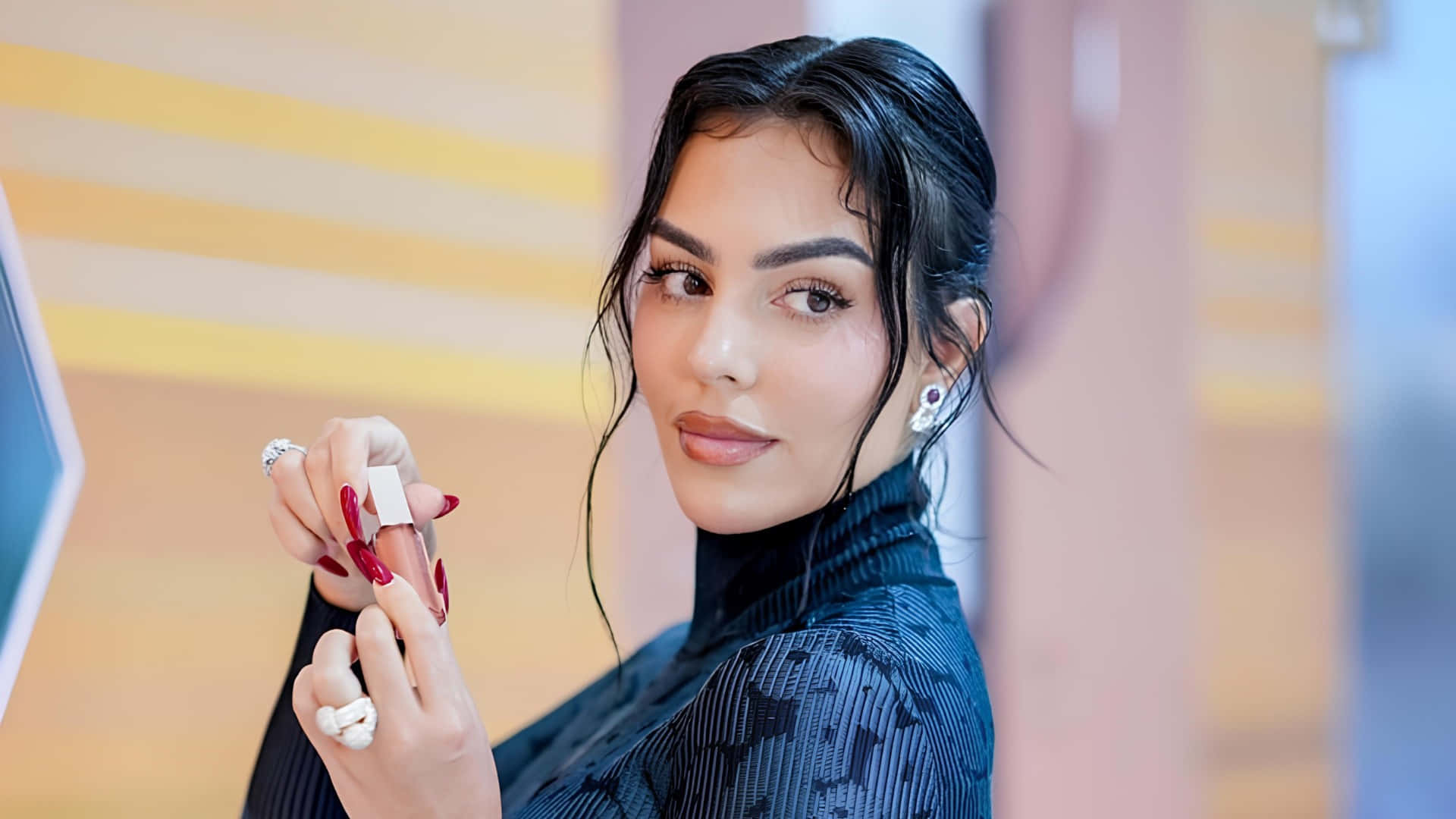 Georgina Rodríguez, wet black hair, red nails, Full HD Desktop Wallpaper