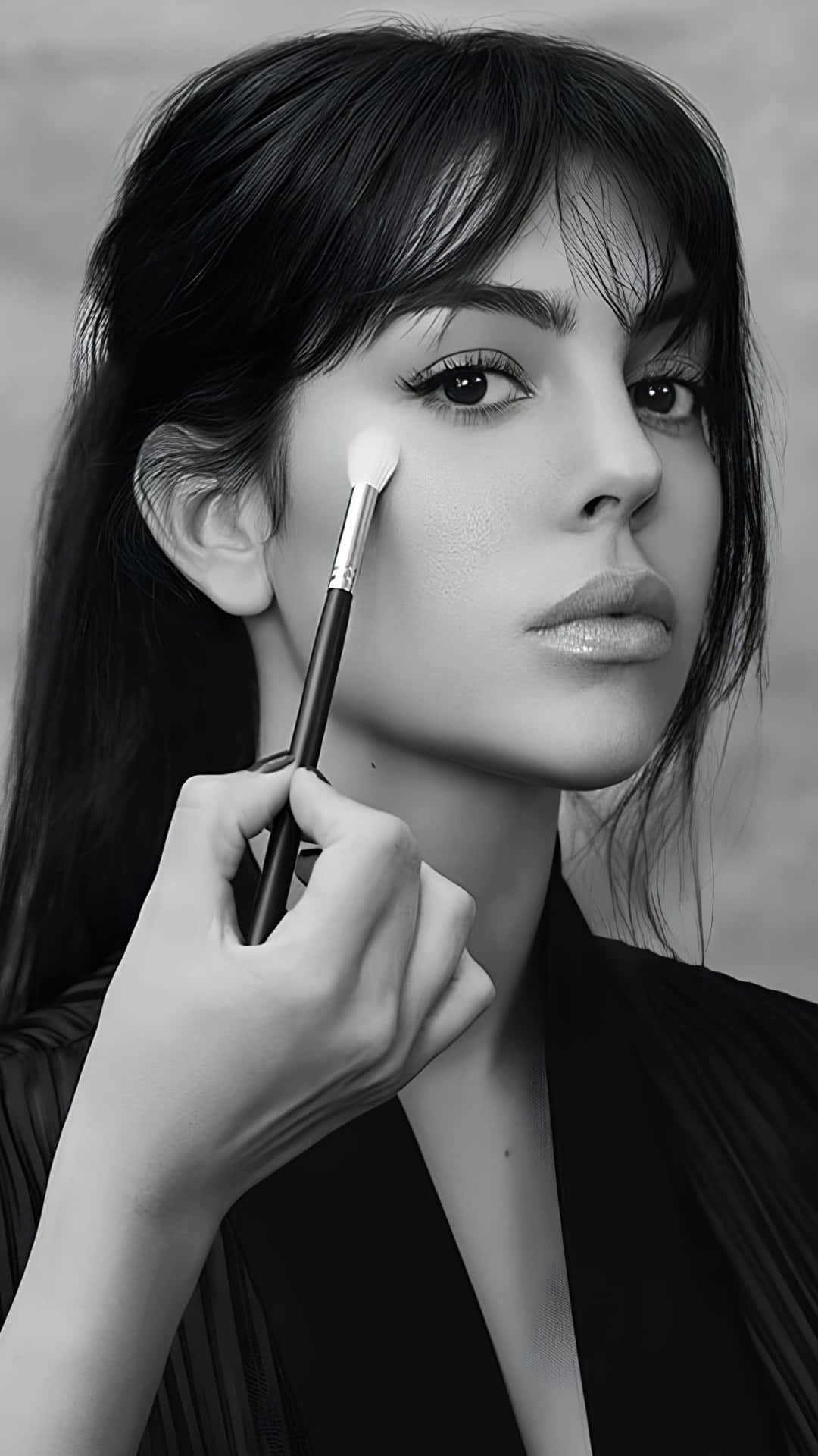 Georgina Rodríguez, makeup brush, black and white portrait, Full HD Phone Wallpaper