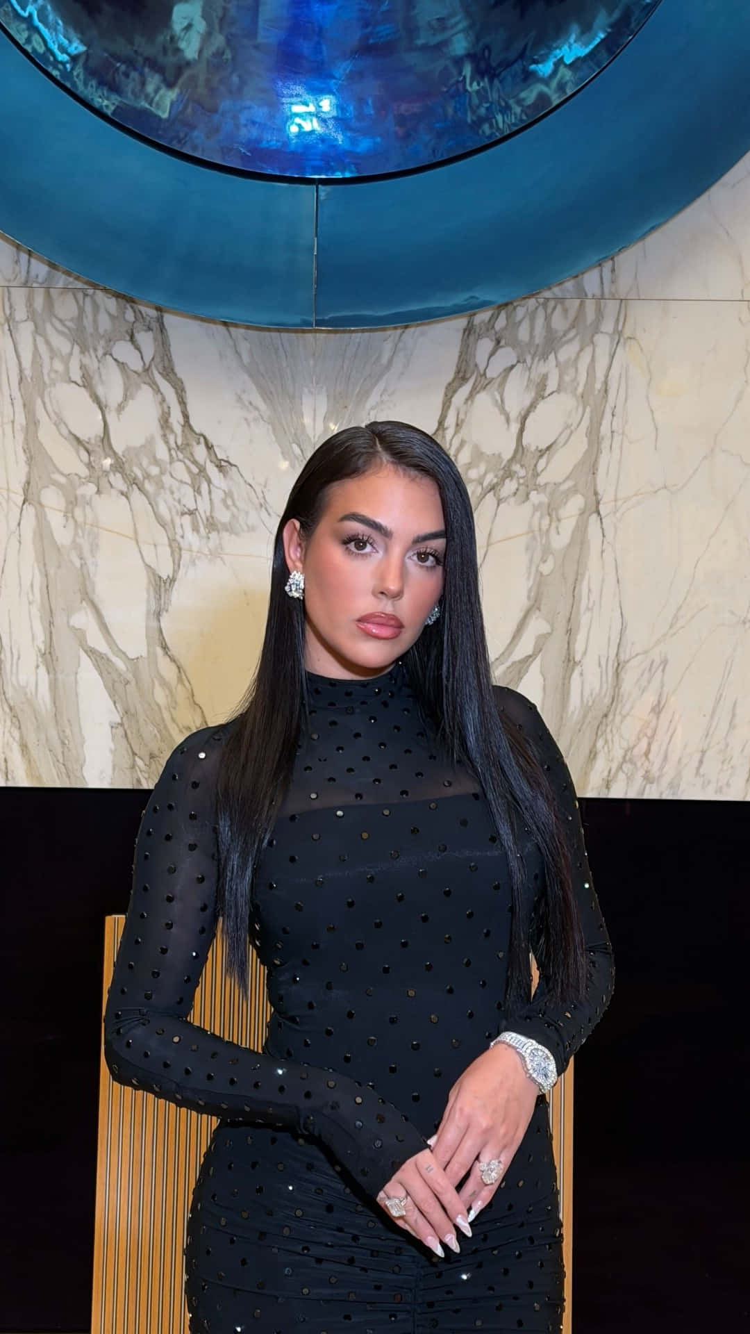Georgina Rodríguez, black sequined dress, marble wall, Full HD Phone Wallpaper