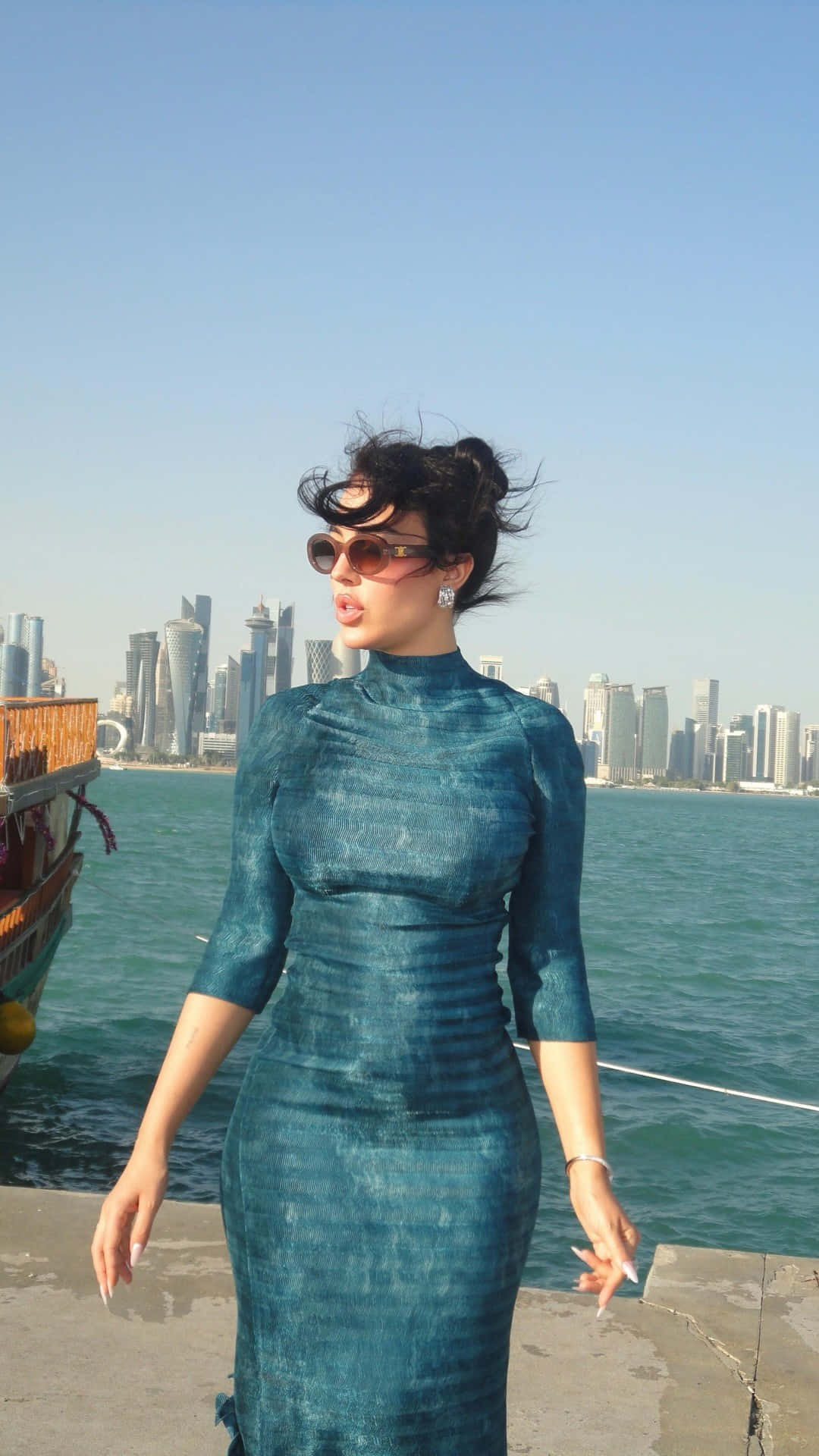Georgina Rodríguez, teal textured dress, waterfront, Full HD Phone Wallpaper
