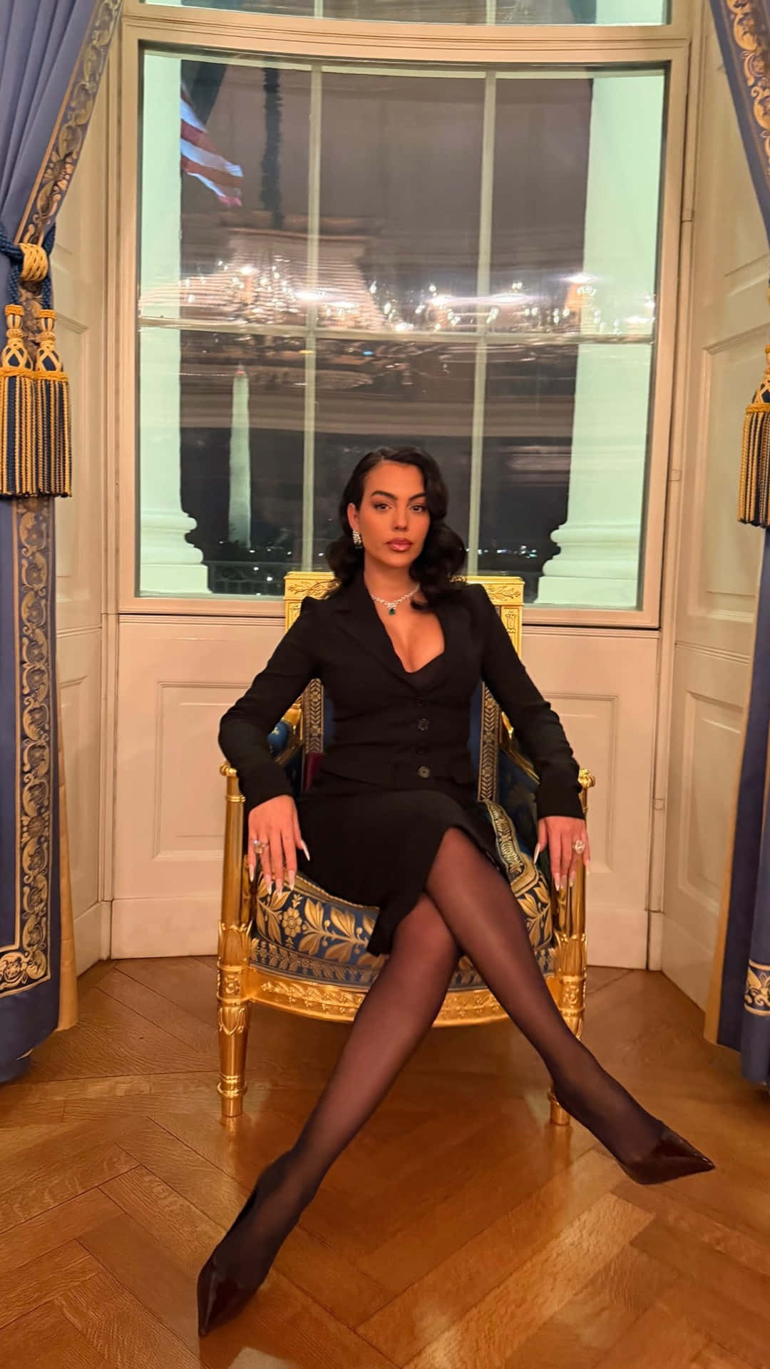 Georgina Rodríguez, black dress, gilded chair, Full HD Phone Wallpaper