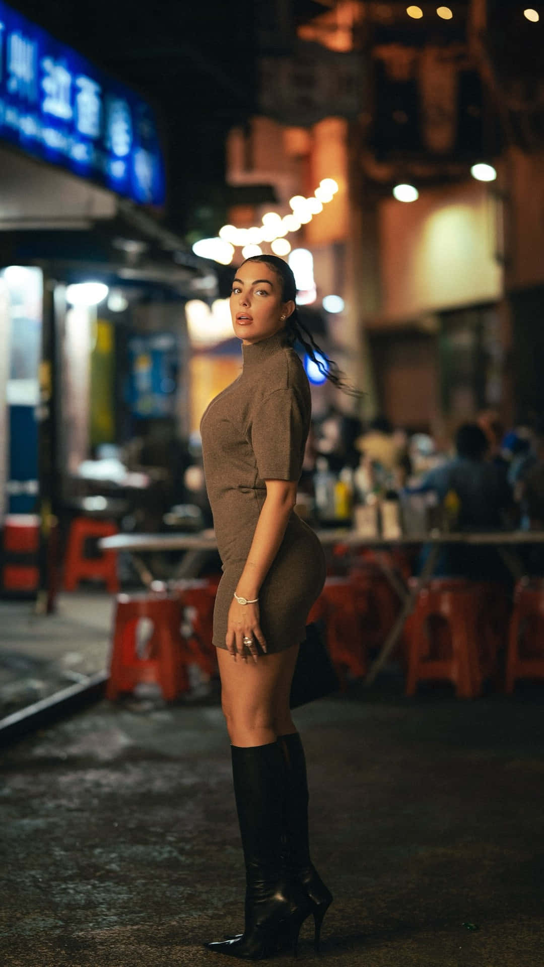 Georgina Rodríguez, neon-lit street, night, Full HD Phone Wallpaper