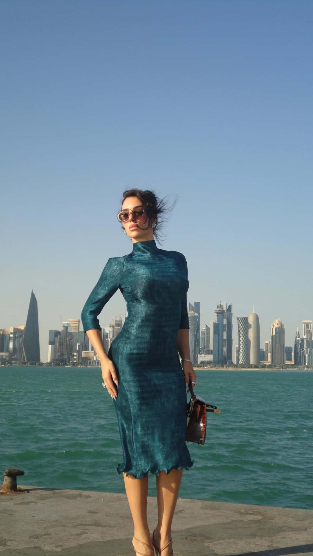 Georgina Rodríguez, teal textured dress, waterfront, Full HD Phone Wallpaper