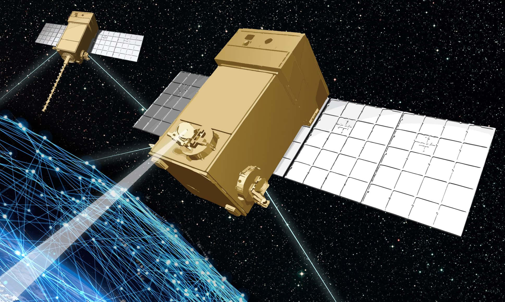 Geostar, gold satellites, solar panels, Full HD Desktop Wallpaper